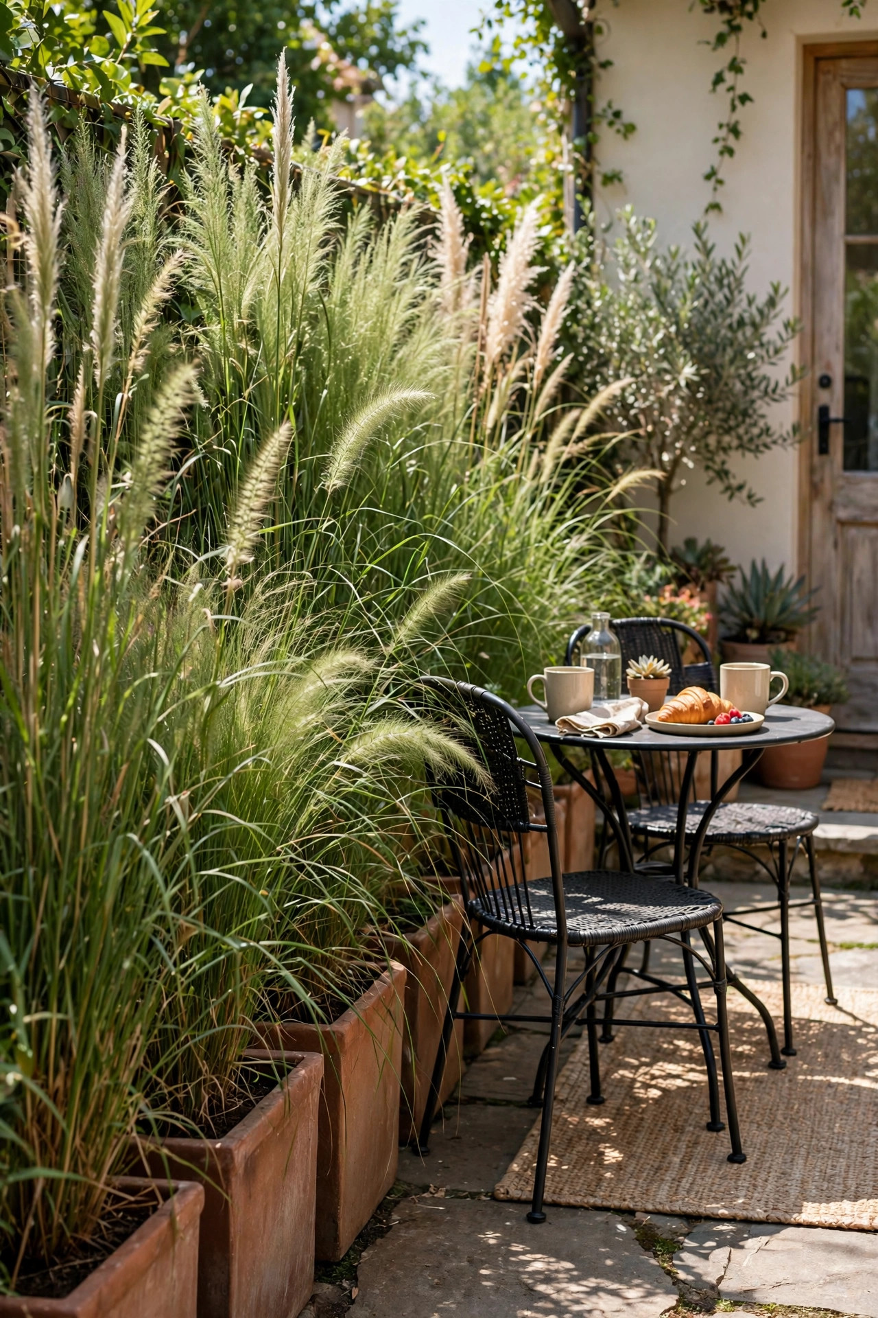 17 Outdoor Dining Ideas for Small Patios 14 Tall planters with ornamental grasses forming a green privacy screen beside a bistro table and chairs on a patio