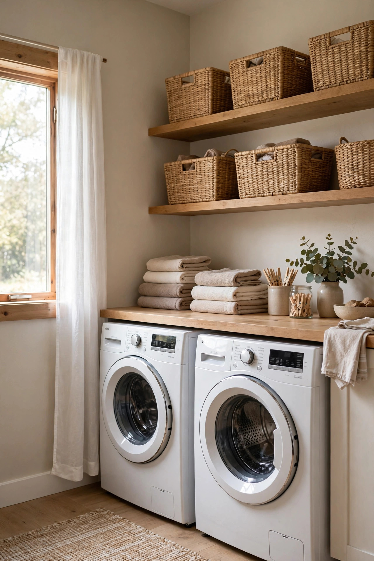 16 Earthy Paint Colors That Make a Home Feel Grounded 14 Laundry room with warm greige walls, a white washer and dryer, and a wood countertop with baskets