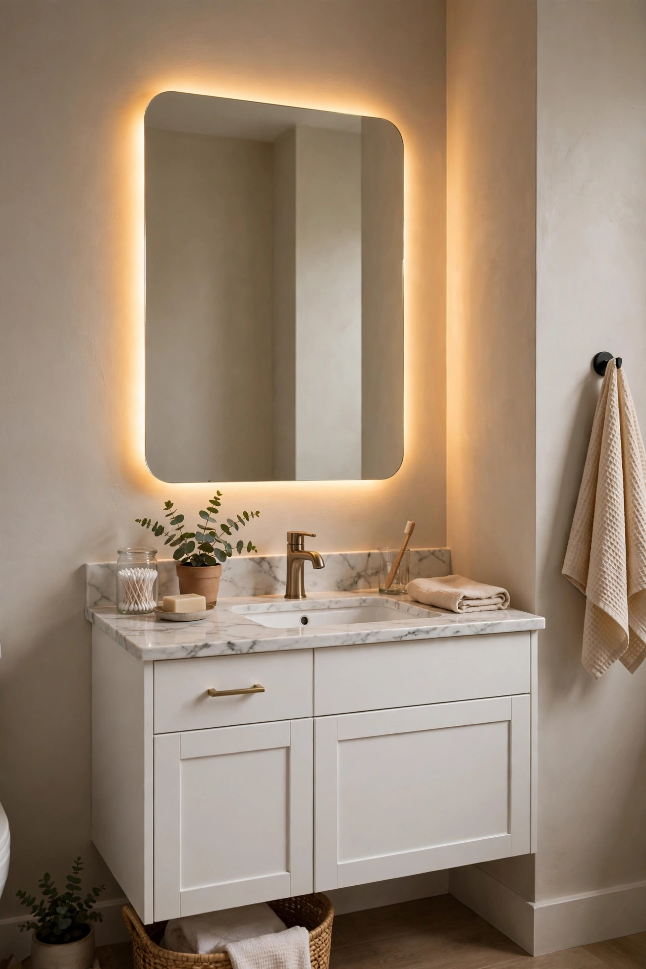 19 Rental Bathroom Ideas That Make It Feel Like Your Own 14 A bathroom vanity mirror with warm glowing LED light strips mounted behind its edges casting a soft warm glow.