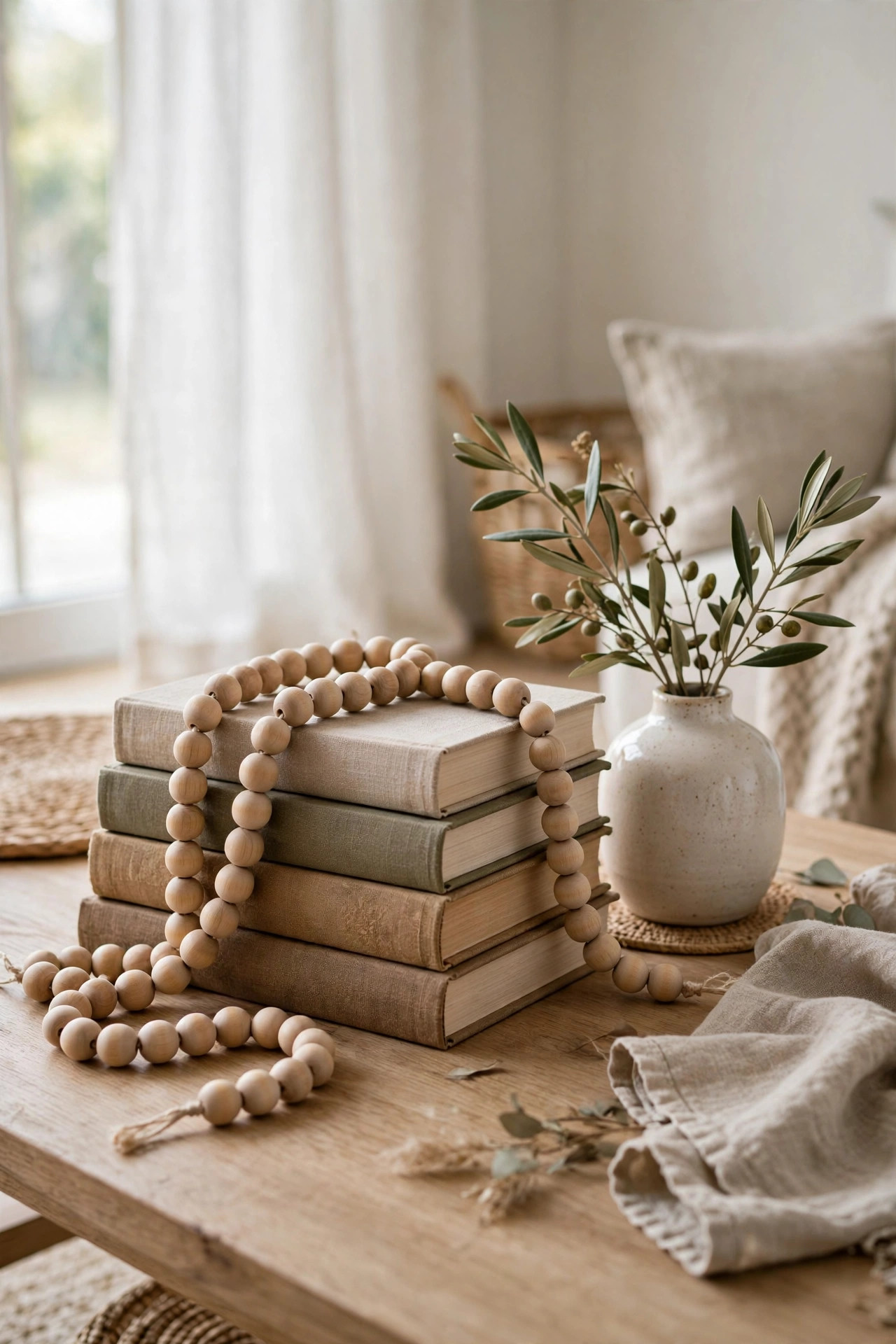 19 Dollar Store Decor Ideas That Look Way More Expensive 14 Natural wooden bead garland draped over a stack of books next to a small vase on a coffee table