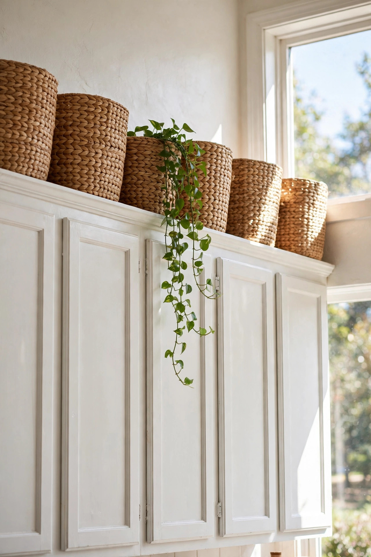 18 Renter-Friendly Kitchen Upgrades That Need Zero Permission 14 Row of woven seagrass baskets styled above white kitchen cabinets