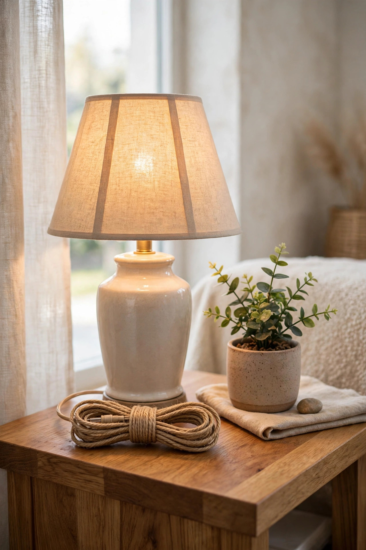 Table lamp with a twine wrapped cord on a styled side table