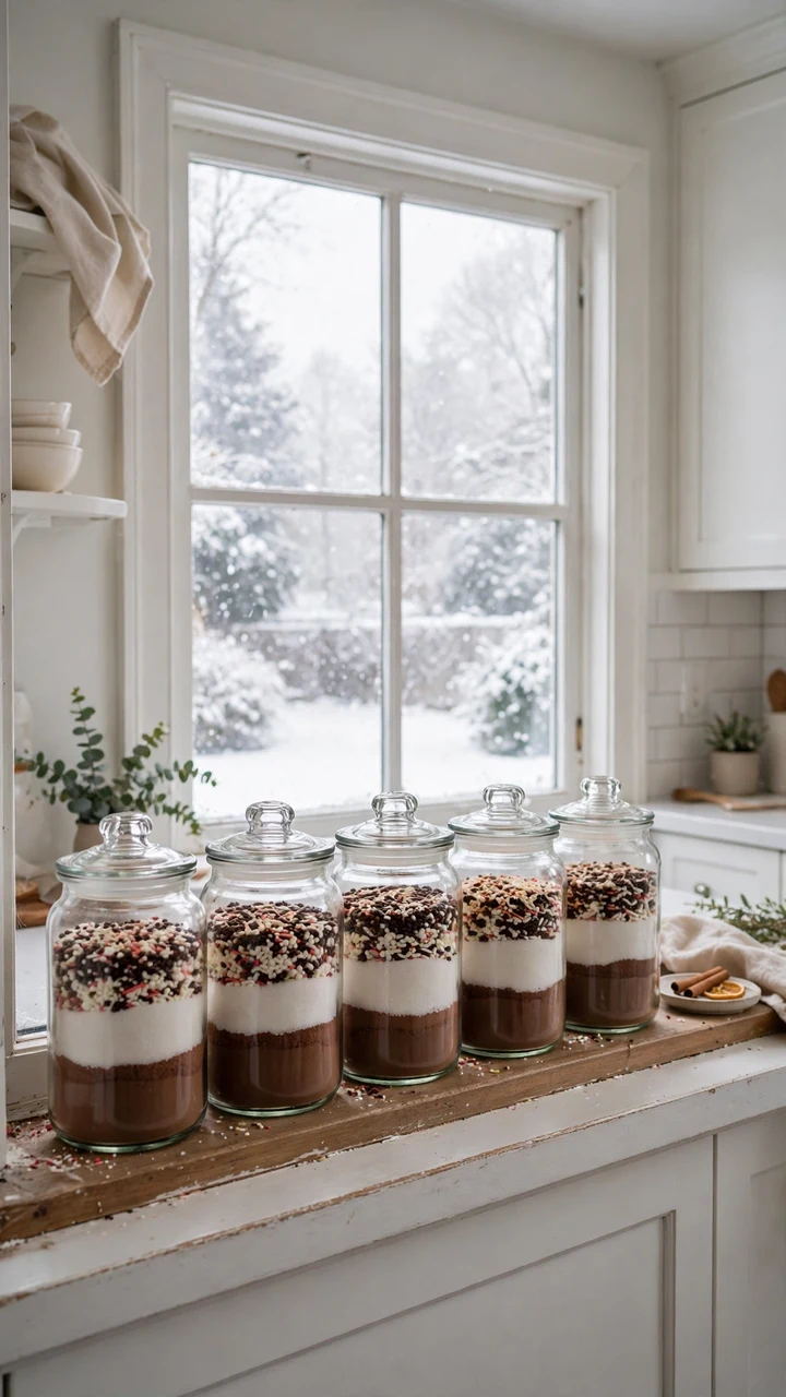 A row of five glass jars on a windowsill filled with layers of cocoa, sugar and sprinkles, in front of a snowy window.