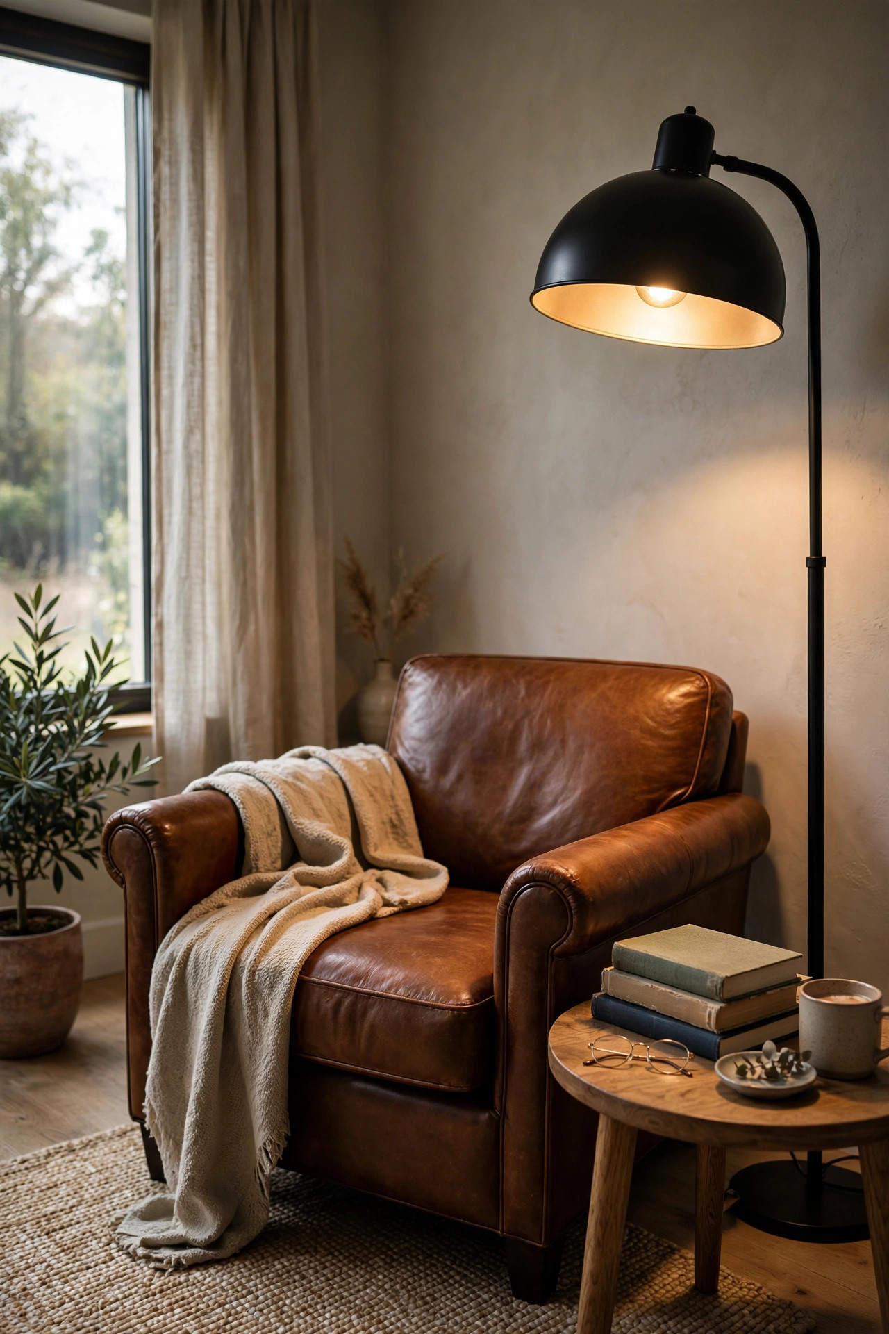 A black metal dome floor lamp casting a focused pool of warm light over a leather armchair and side table.