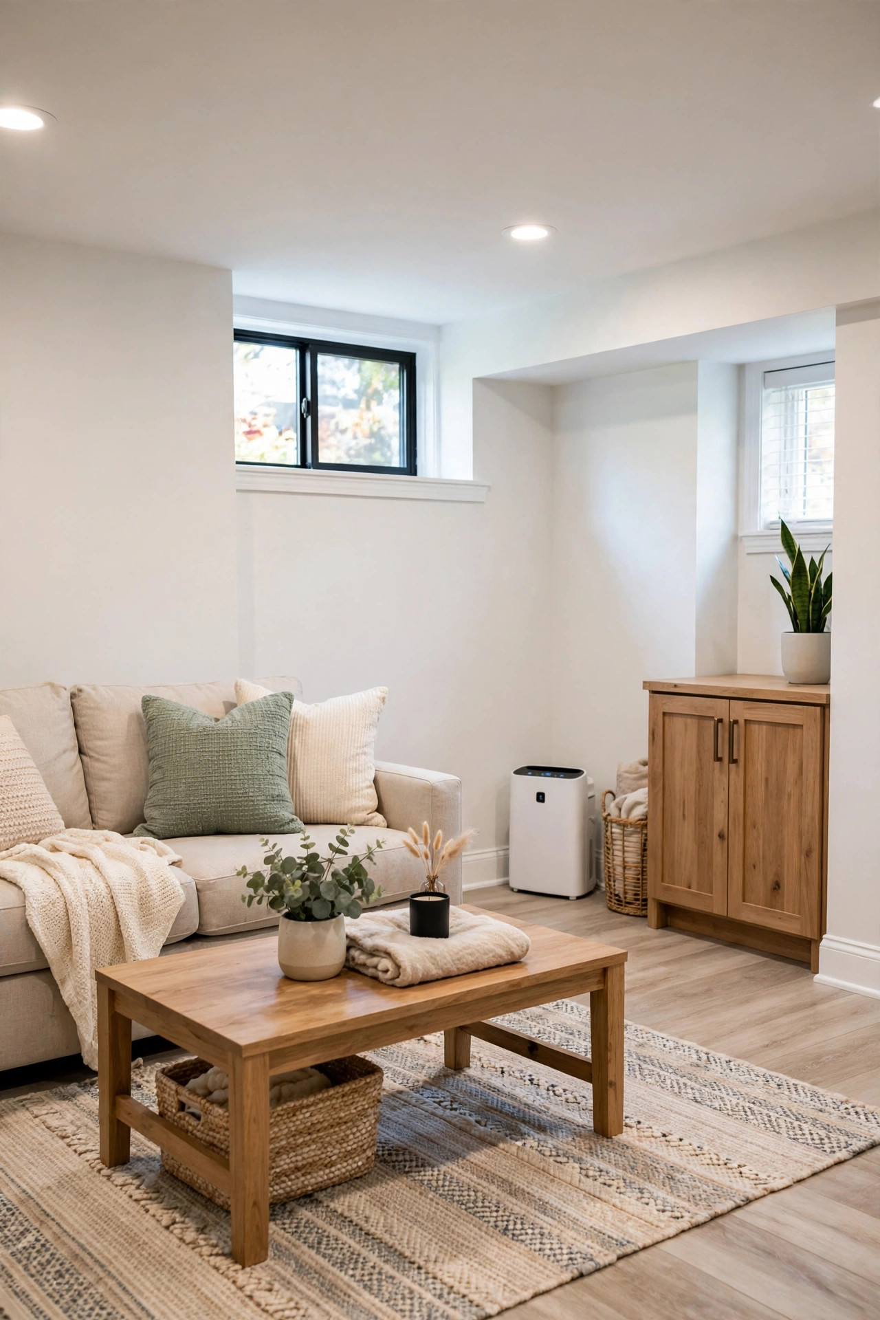 A clean dry basement family room with light walls and a small white dehumidifier beside a storage cabinet.