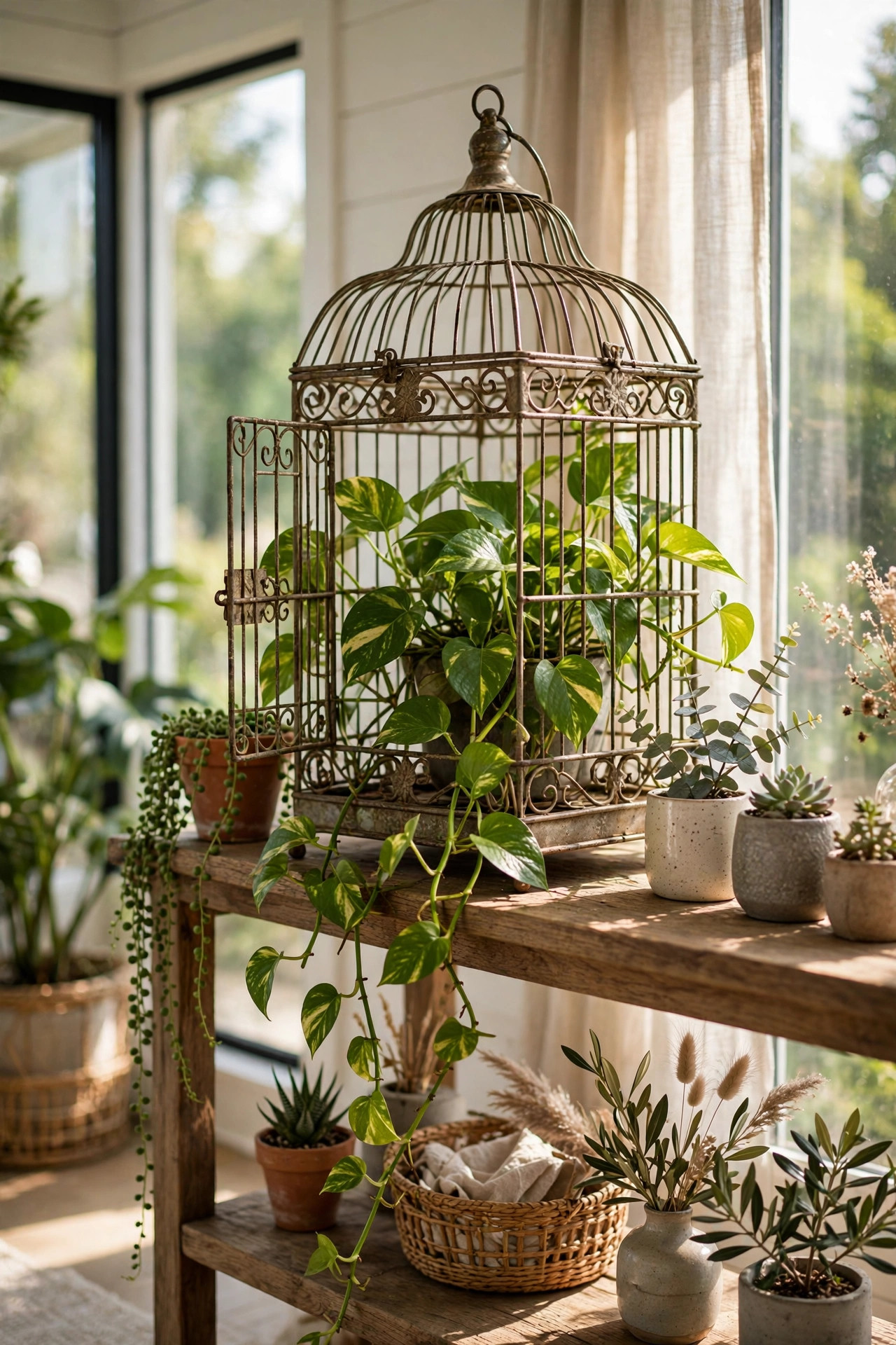 Vintage style metal birdcage holding a trailing pothos on a sunroom shelf