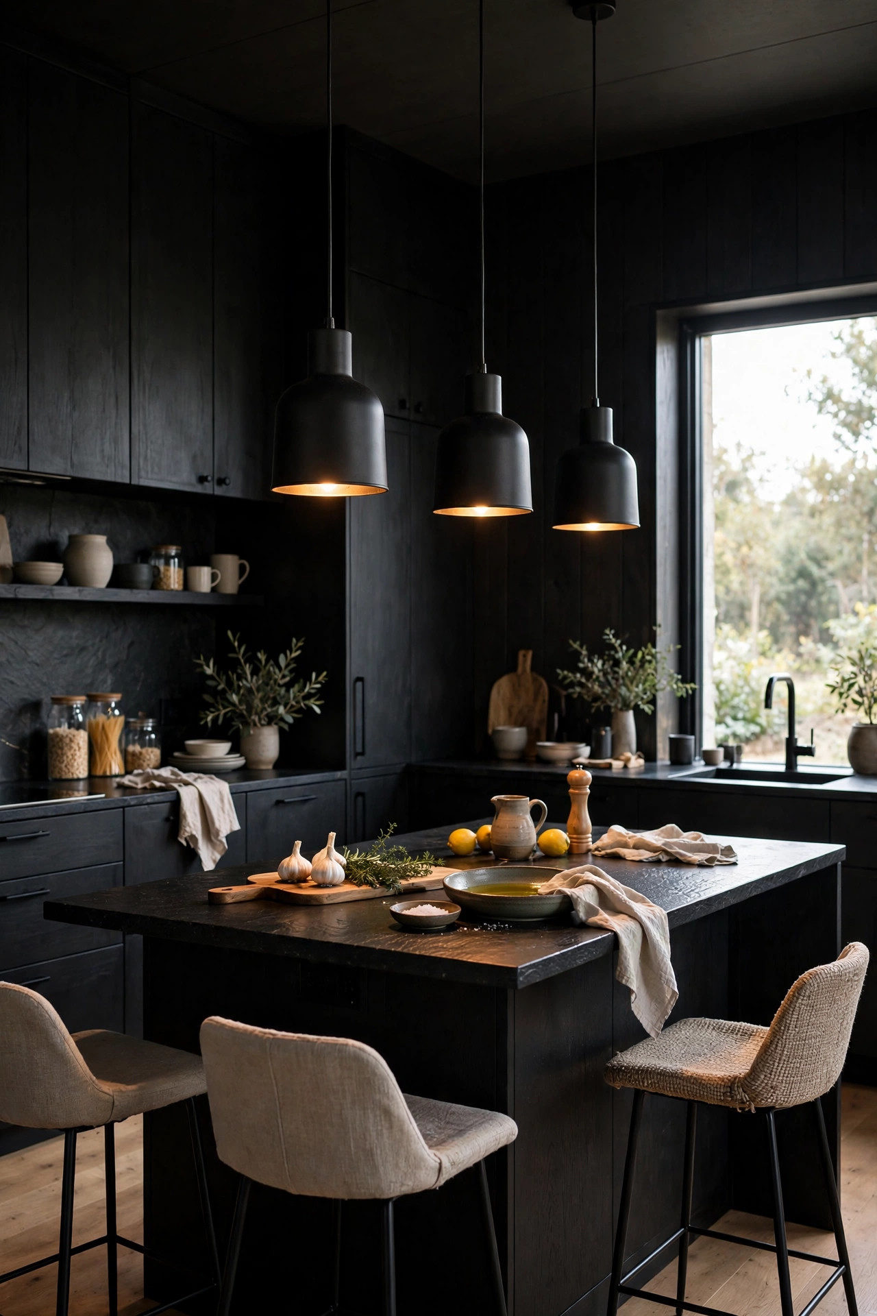 Three matte black pendant lights glowing over a dark kitchen island.