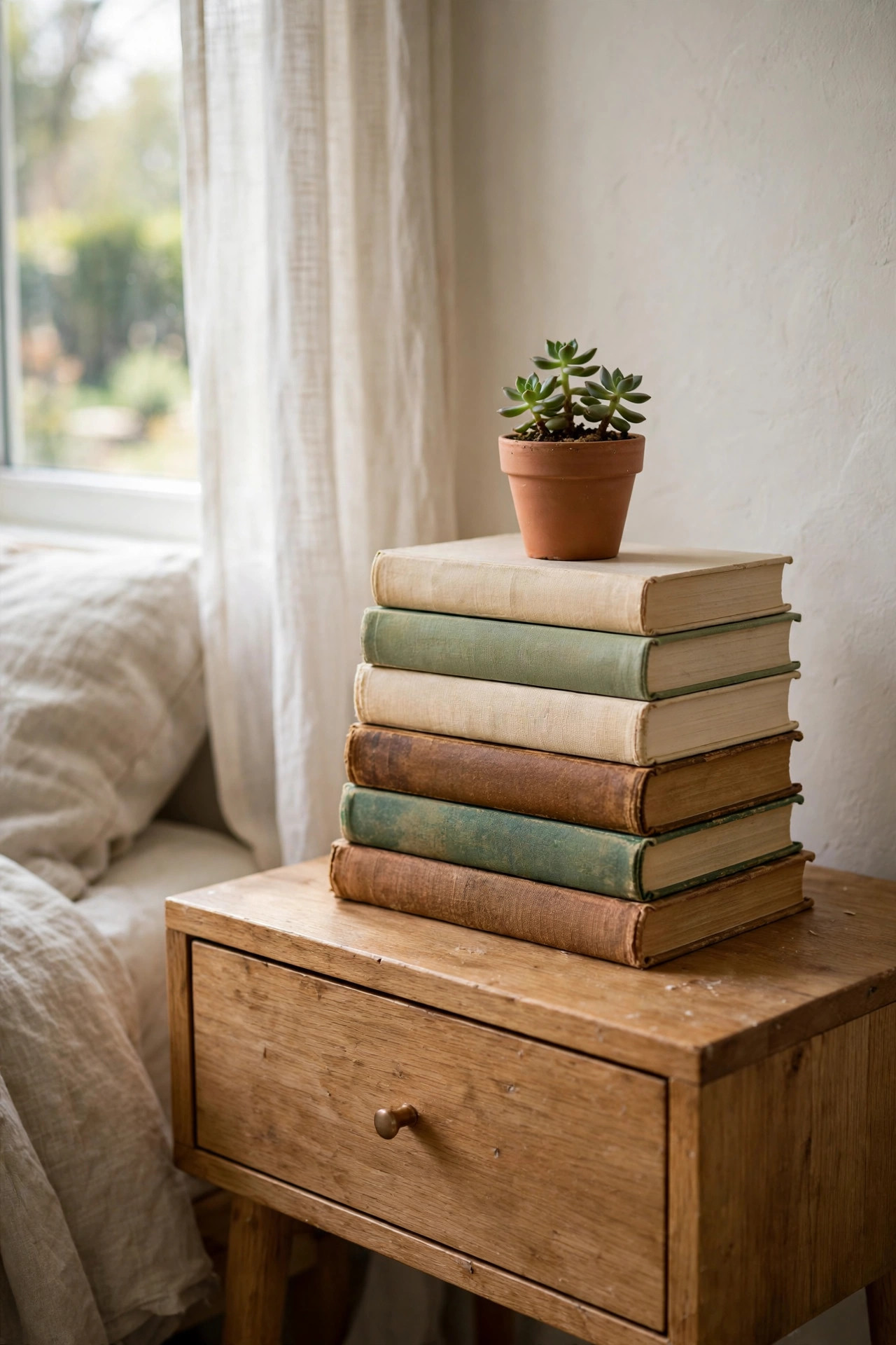 22 Decor Ideas Under $50 That Change Everything 15 Stack of secondhand books with a succulent on a nightstand