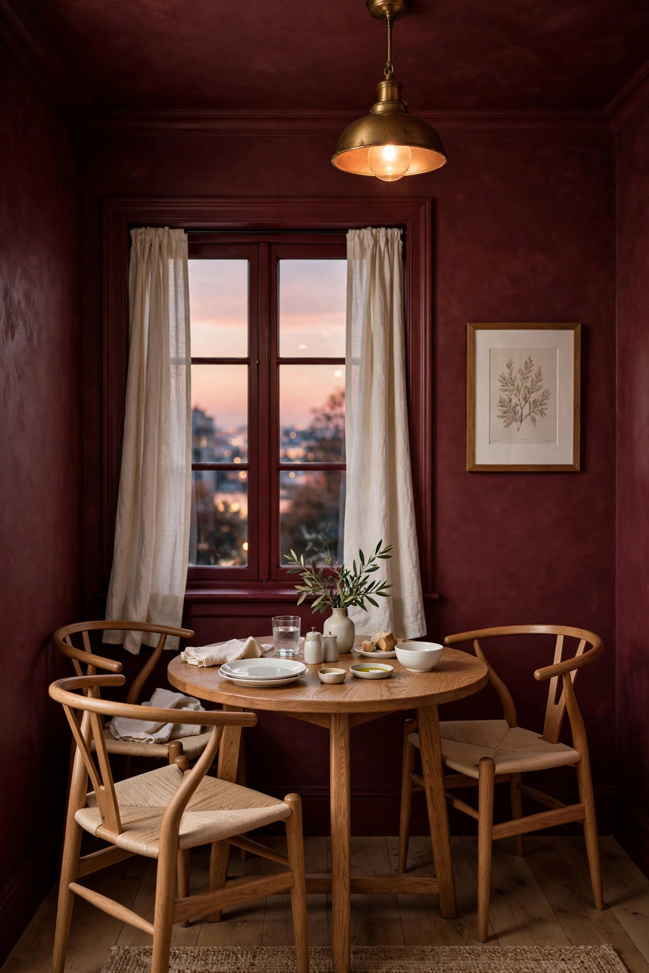 Burgundy dining nook with rich painted walls