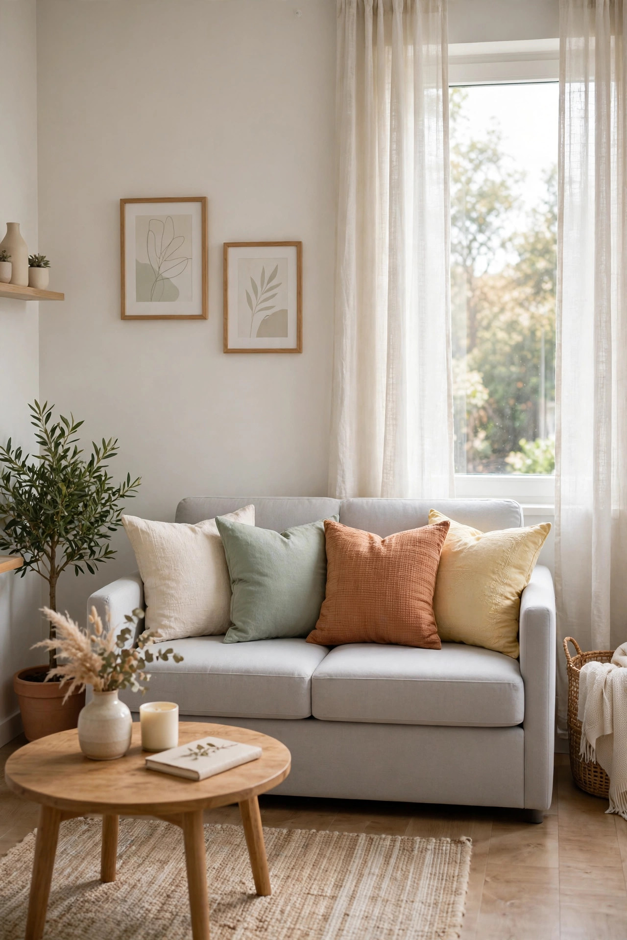 Light grey loveseat styled with cheerful throw pillows in cream, sage green, terracotta and pale yellow