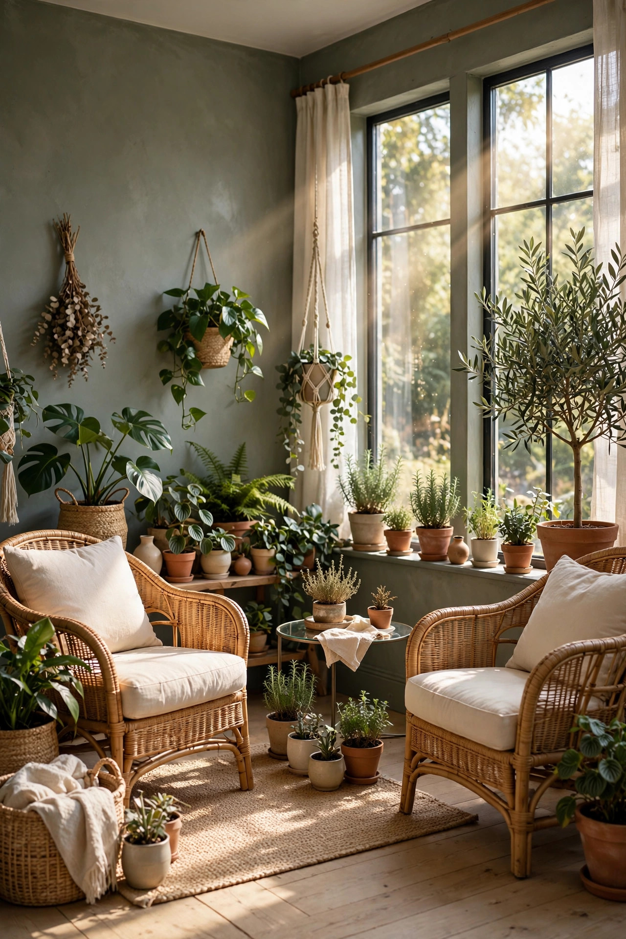 16 Earthy Paint Colors That Make a Home Feel Grounded 15 Sunroom with dried thyme green walls, rattan chairs, and many potted plants in bright sunlight
