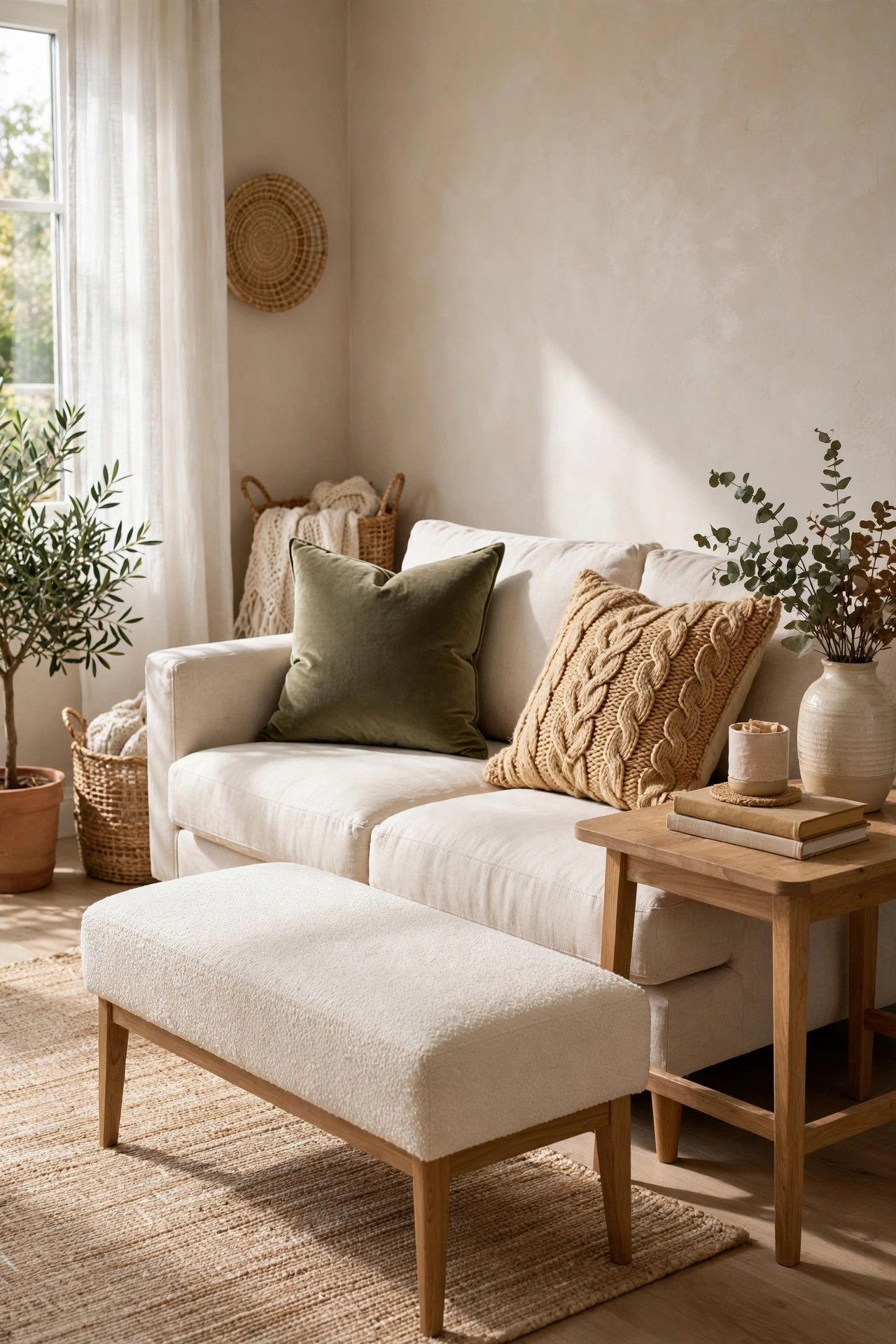 White sofa styled with dusty blue velvet pillows and a soft white chunky knit pillow by glowing curtains