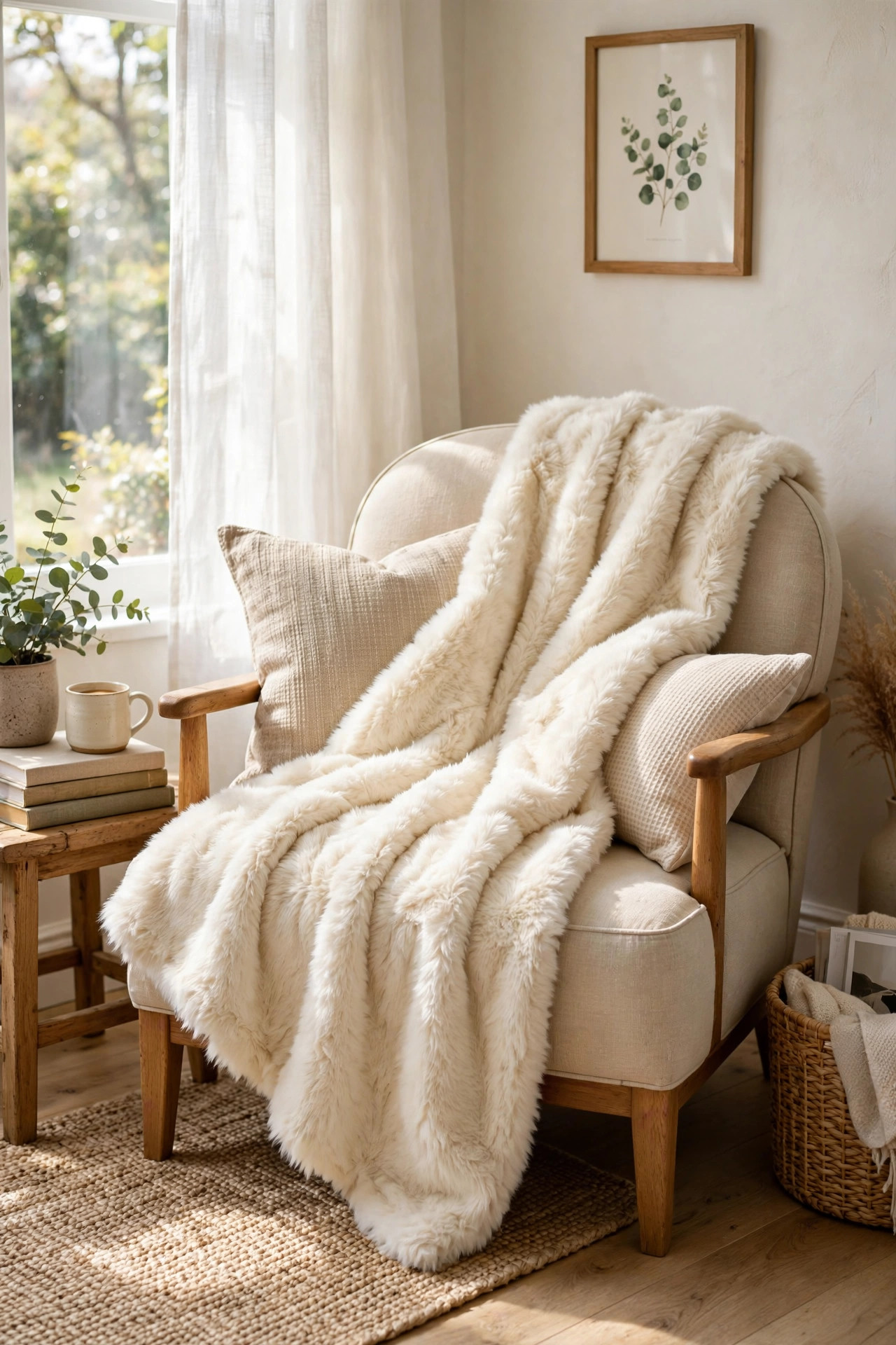 19 Dollar Store Decor Ideas That Look Way More Expensive 15 Cream faux fur throw blanket draped over a cozy armchair in a bright reading corner