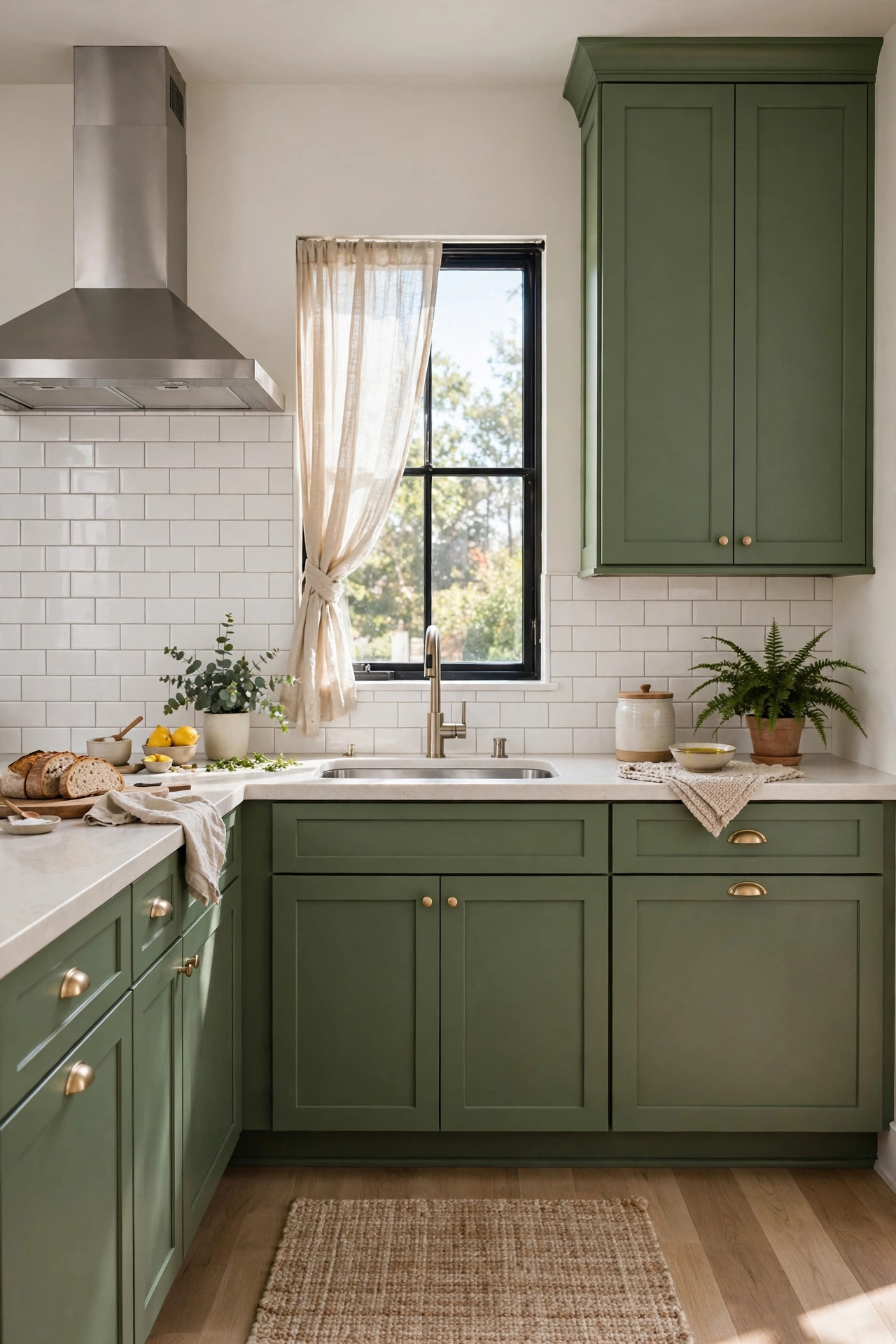 Kitchen with medium fern green cabinets and classic white subway tile backsplash.