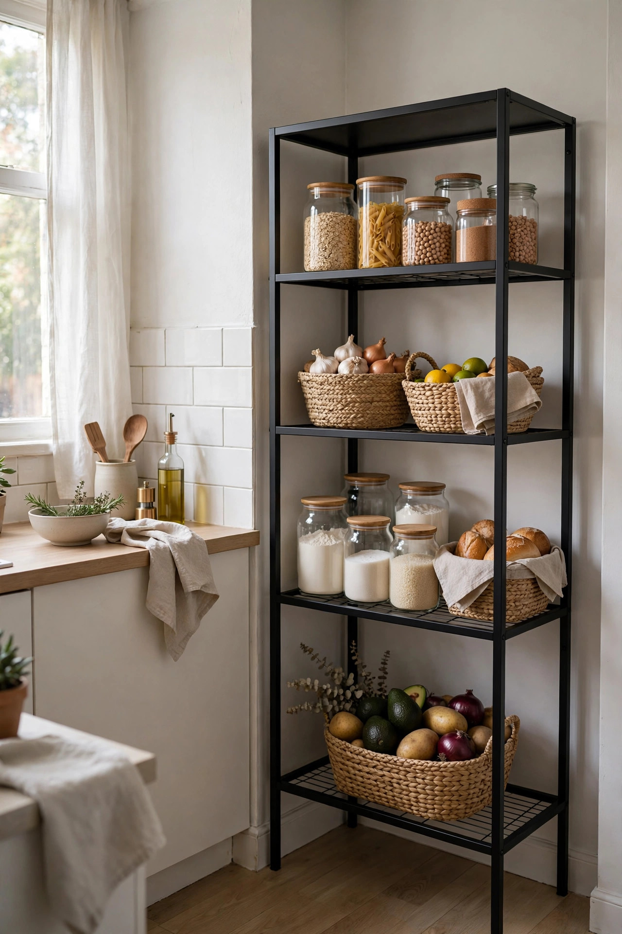 Kitchen corner with a freestanding pantry shelf holding jars and baskets.