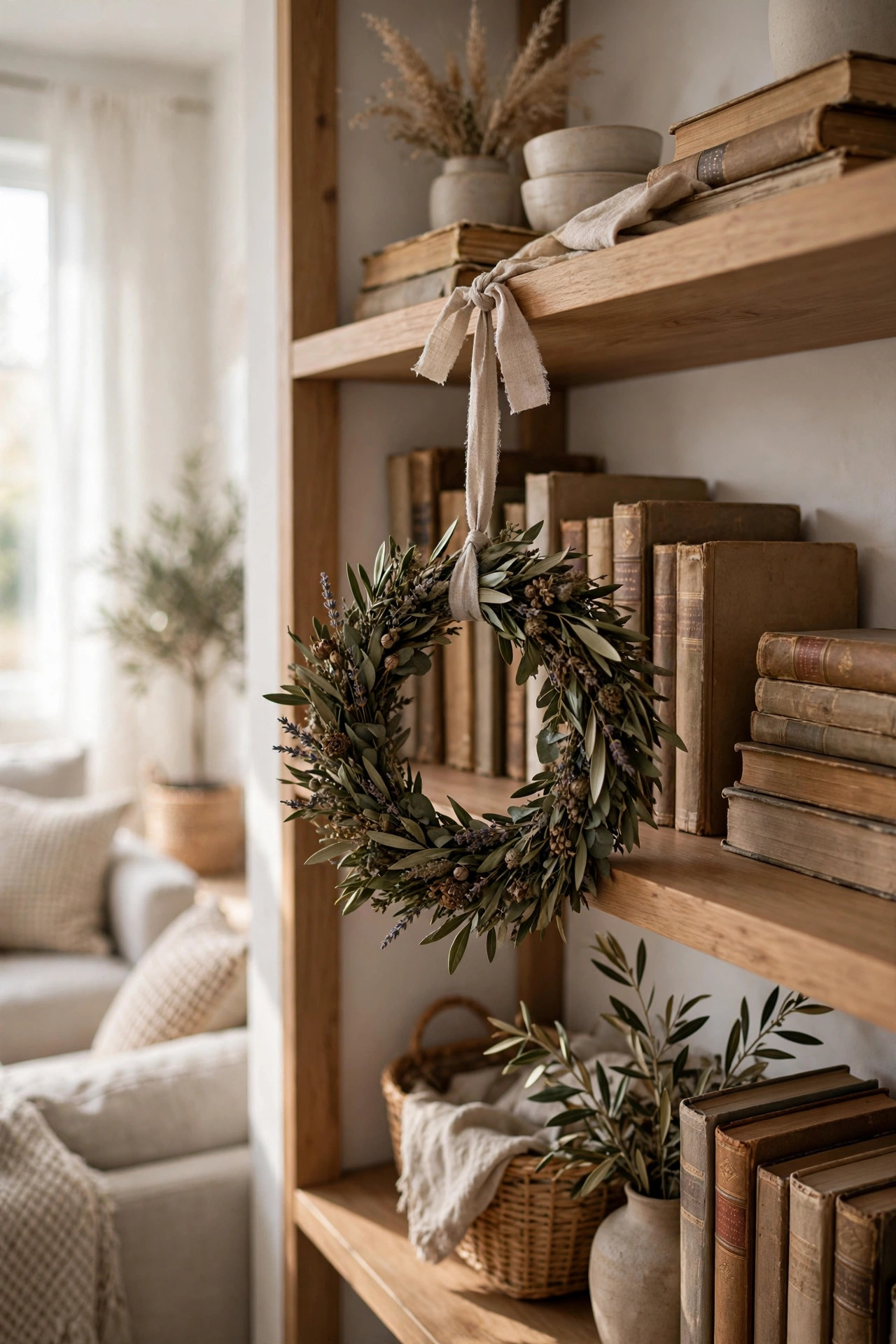 Small dried greenery wreath hanging on the front edge of a bookshelf from a ribbon