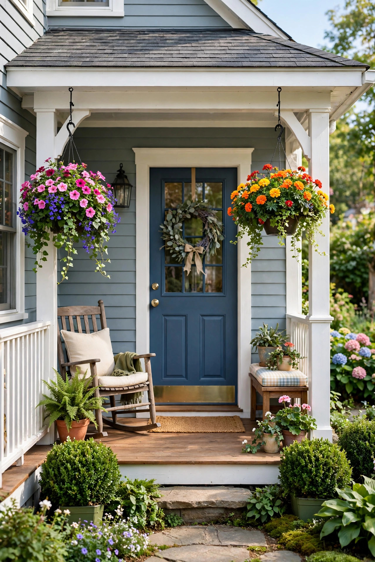 Small Front Yard Landscaping Ideas With Big Impact 15 Hanging flower baskets on hooks along a cozy front porch.