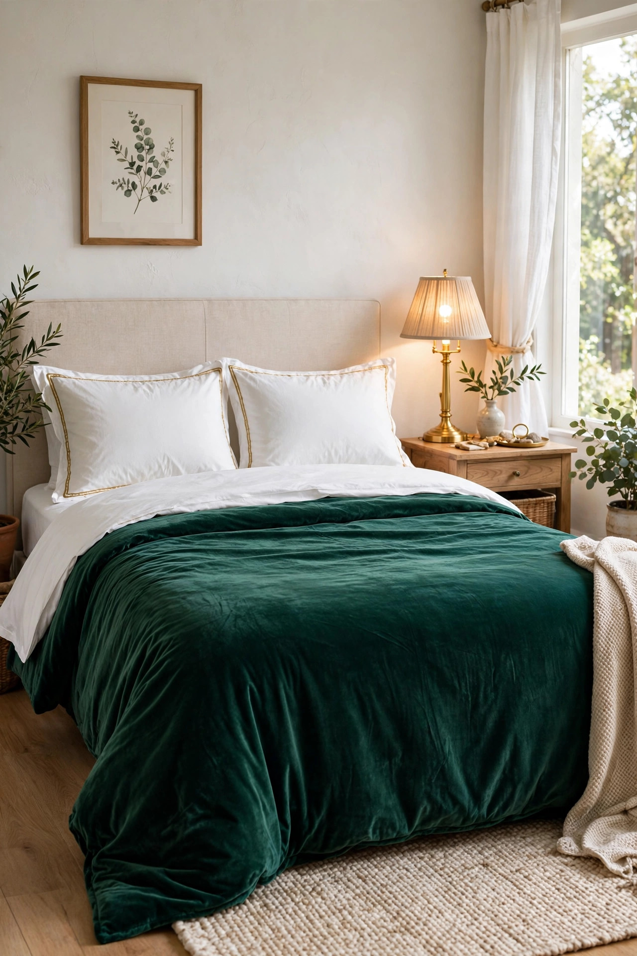 17 Art Deco Bedroom Ideas With a Modern Twist 15 A bed dressed in emerald green velvet bedding with crisp white sheets and gold piped pillows.
