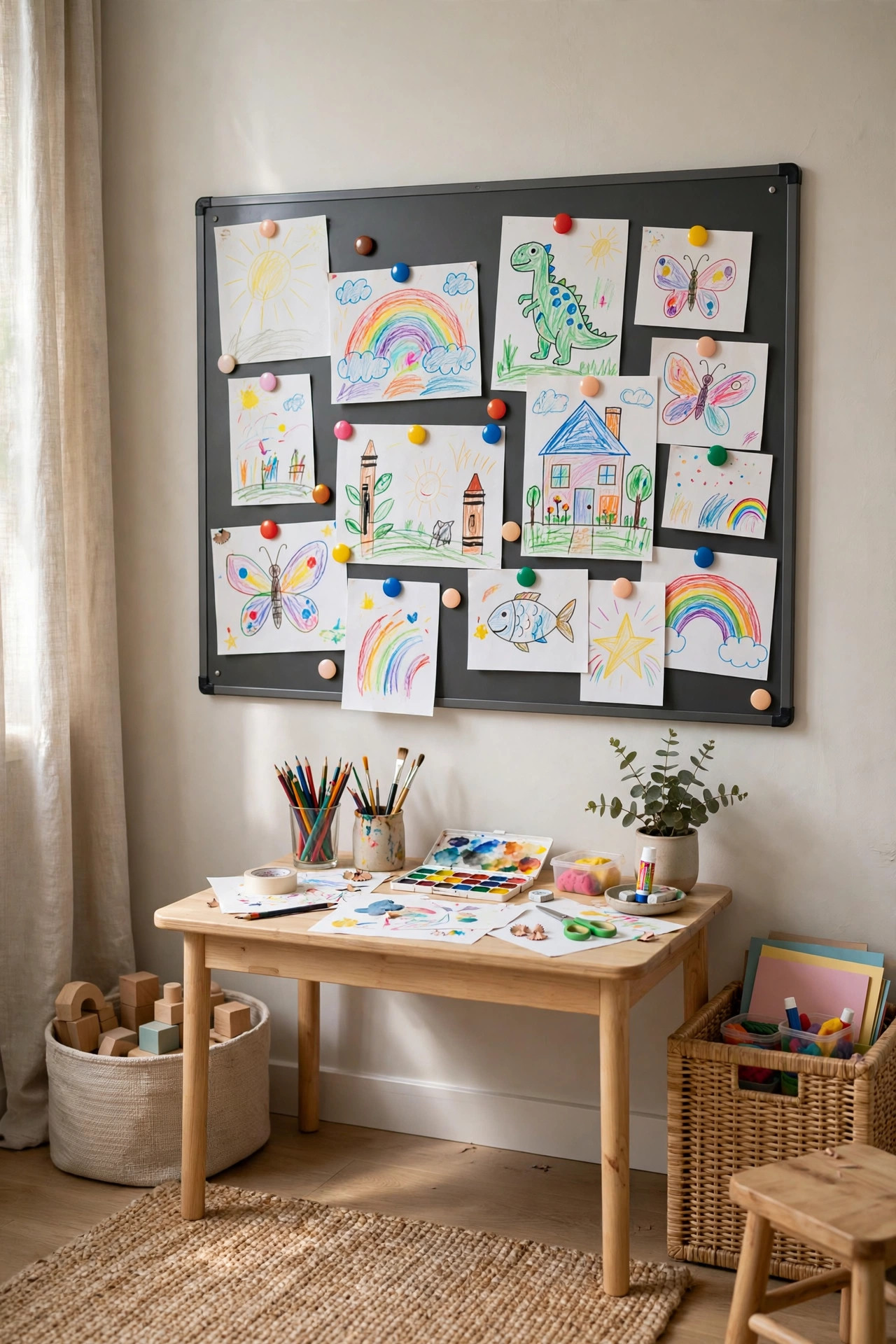 16 Playroom Ideas That Keep the Mess Contained 15 A magnetic board at child height displaying colorful kids artwork above a small art desk.