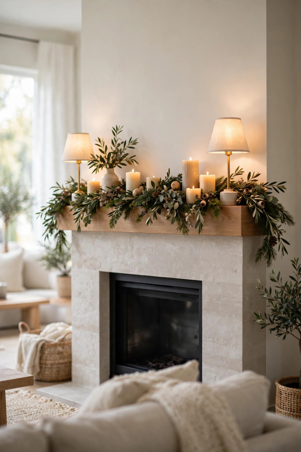 Pair of matching table lamps glowing on a decorated fireplace mantel