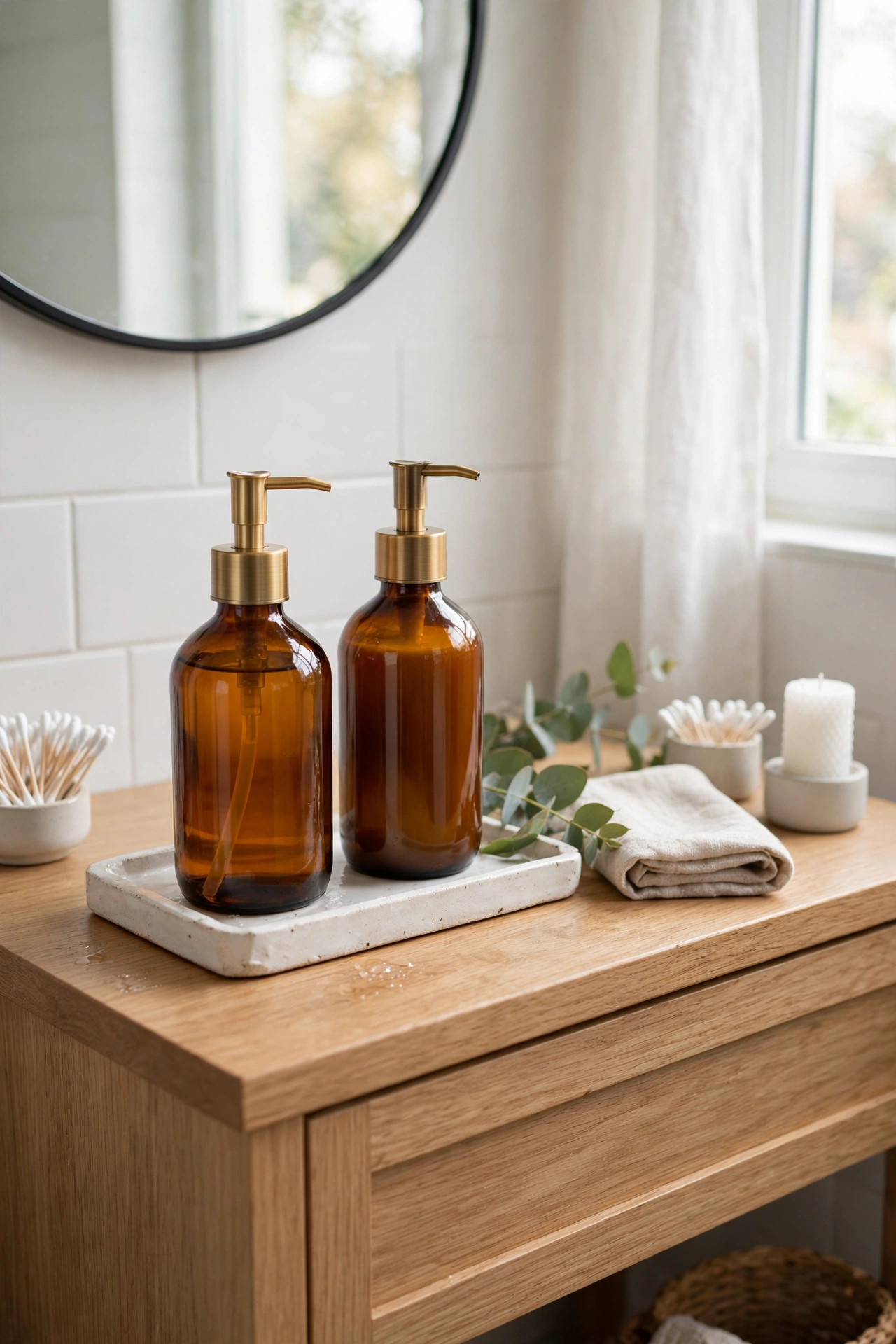 Matching amber glass soap dispensers on a white tray on a bathroom vanity.
