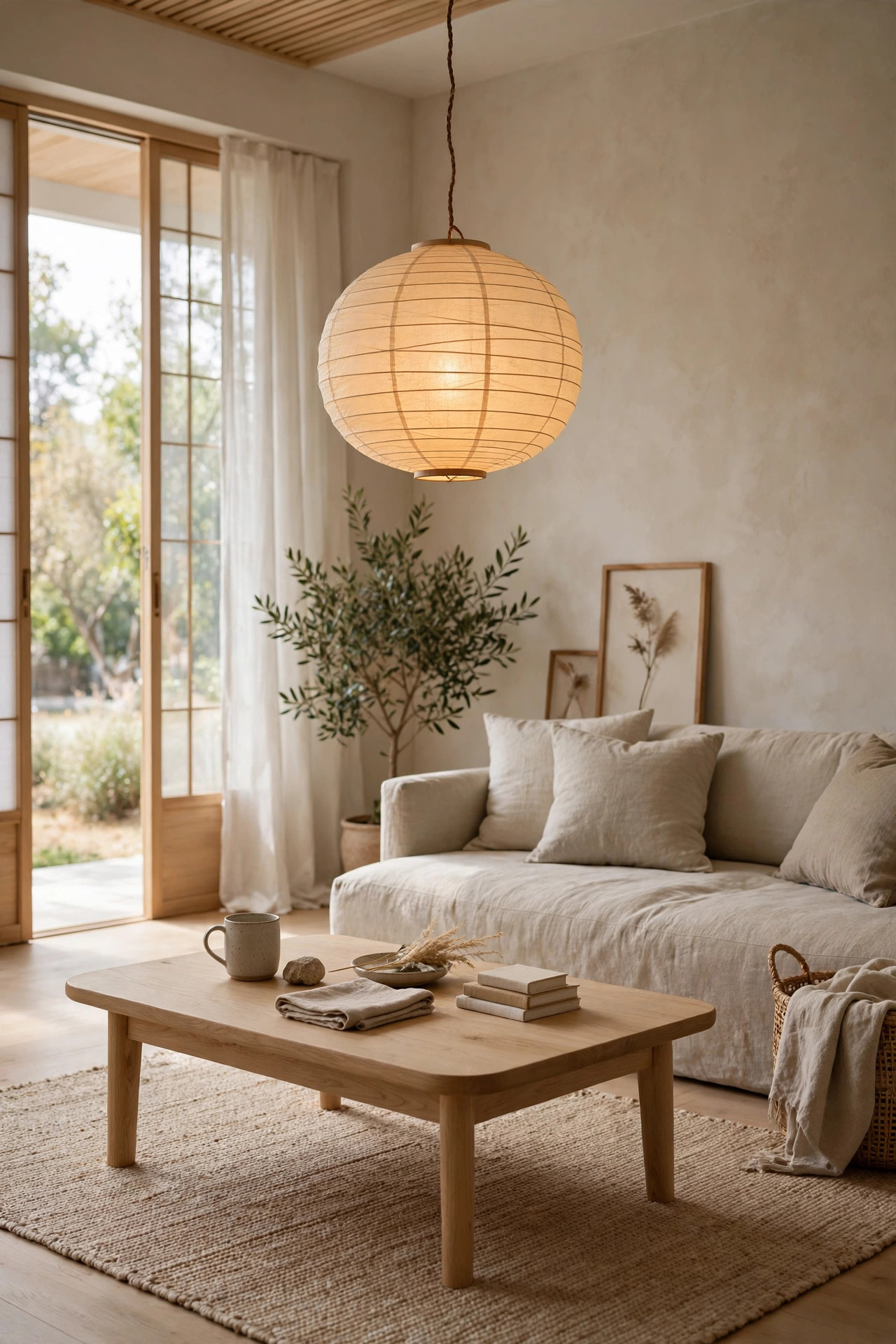 Glowing paper lantern pendant light hanging over a light oak coffee table