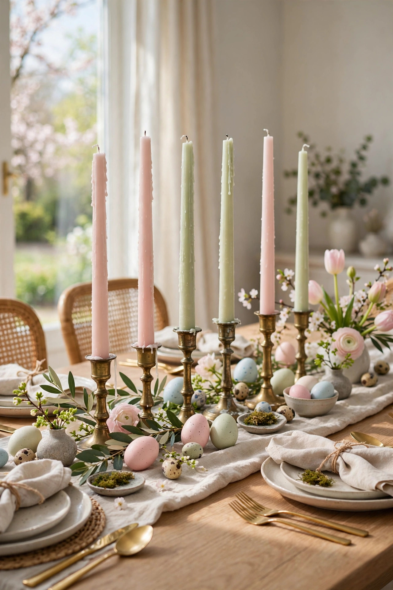 Pastel taper candles in aged brass holders on a table