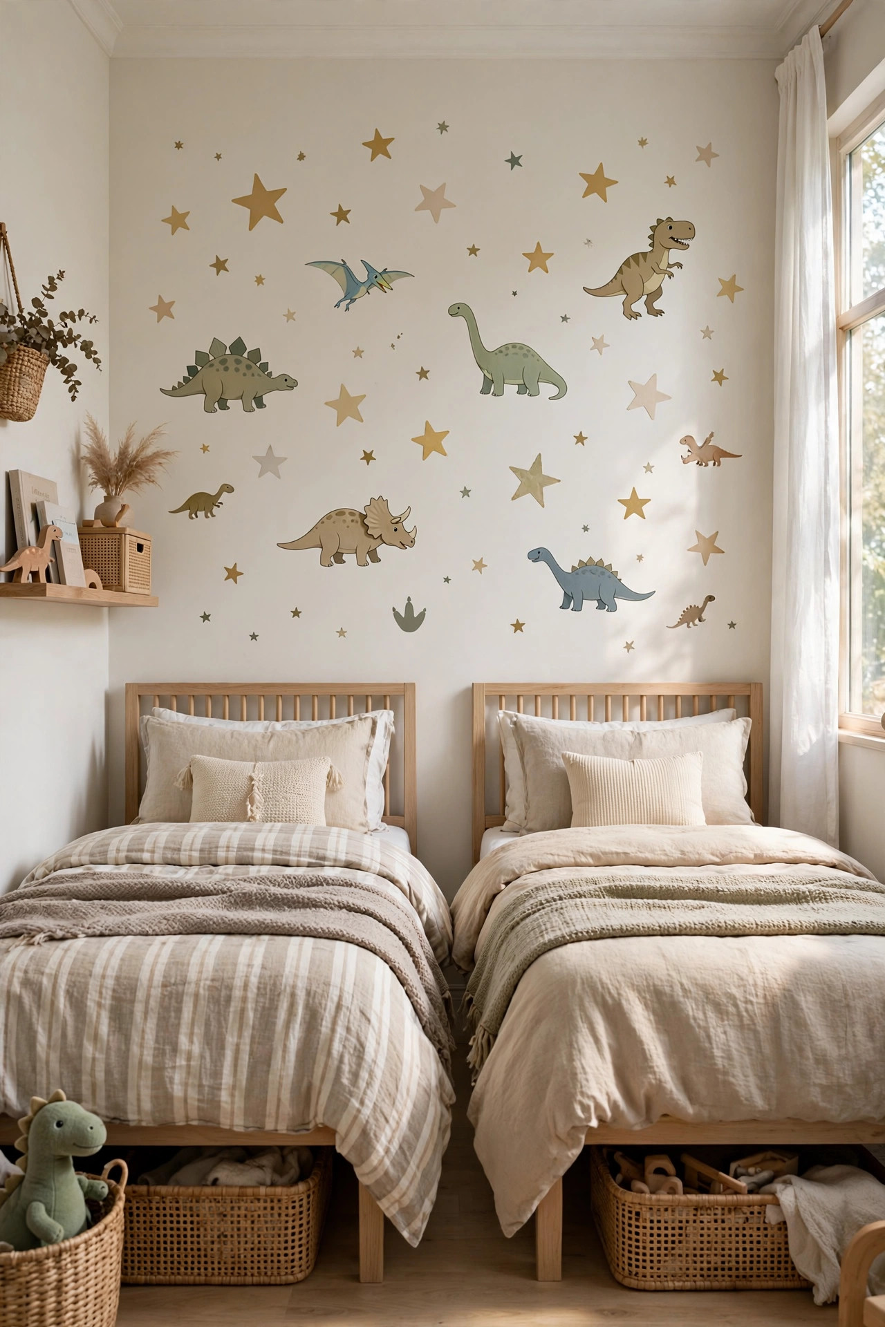 Peel and stick star decals on the wall of a shared kids room.