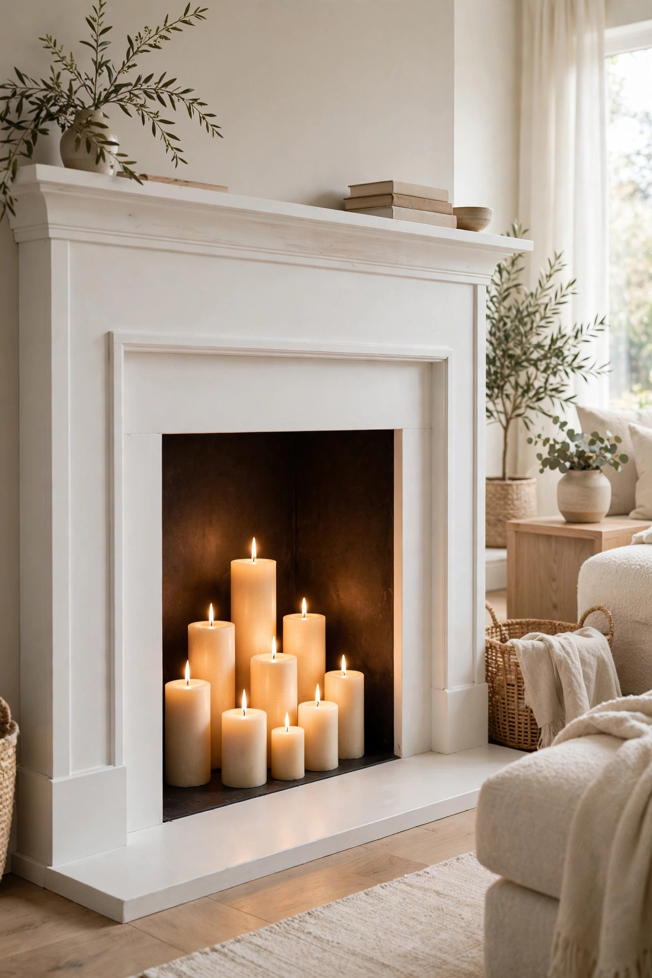Nine pillar candles of different heights glowing inside an unused fireplace