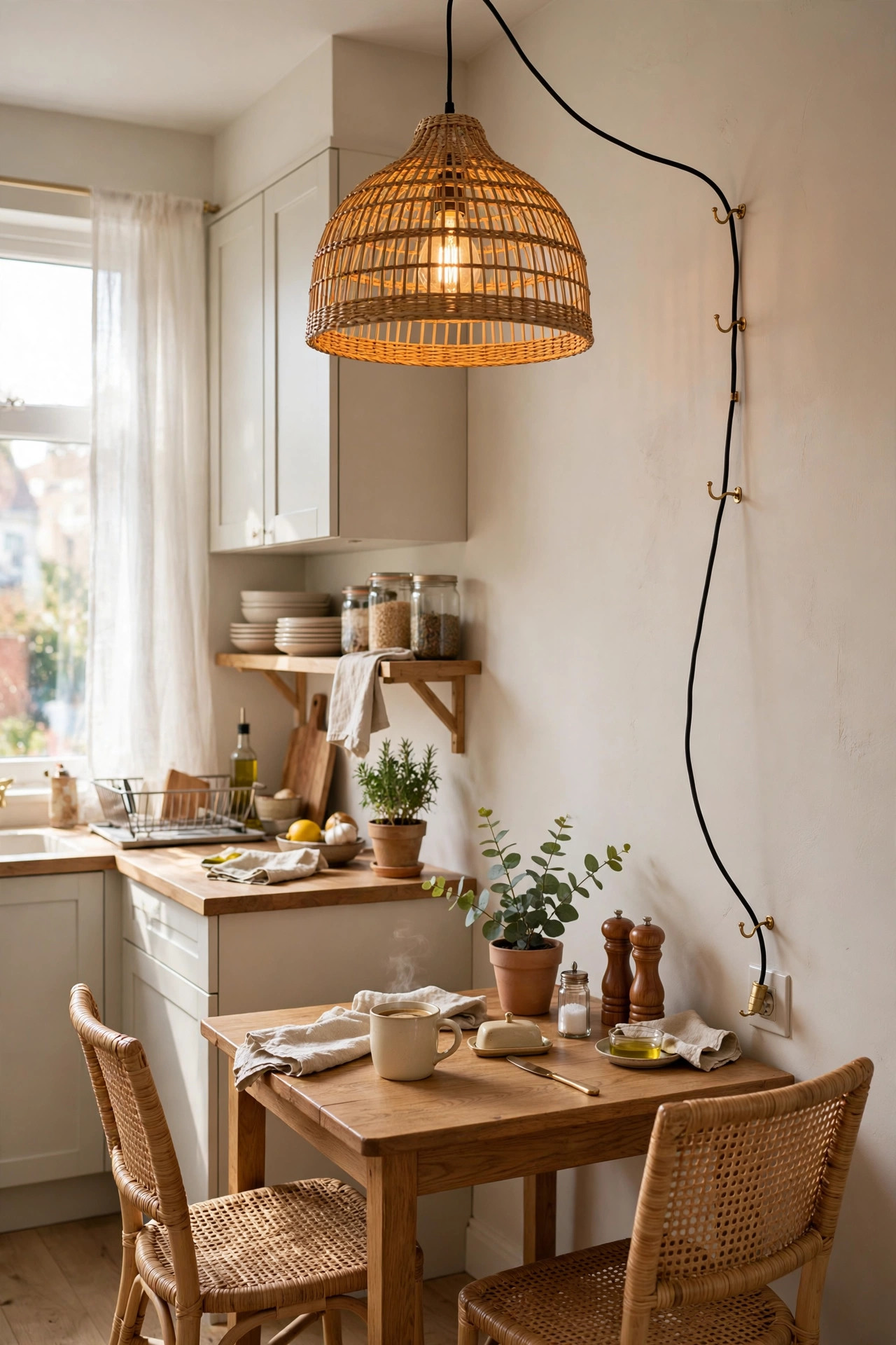 18 Renter-Friendly Kitchen Upgrades That Need Zero Permission 15 Woven rattan plug in pendant light hanging over a small kitchen table