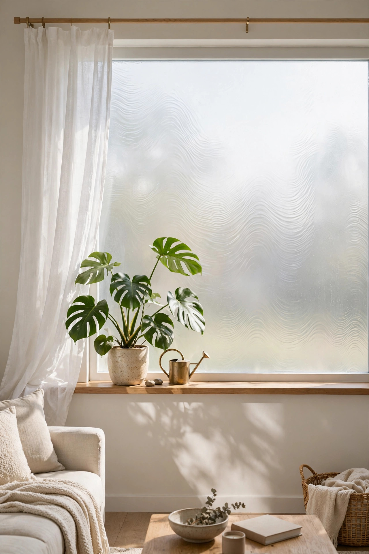 Living room window with frosted removable privacy film and a monstera on the sill