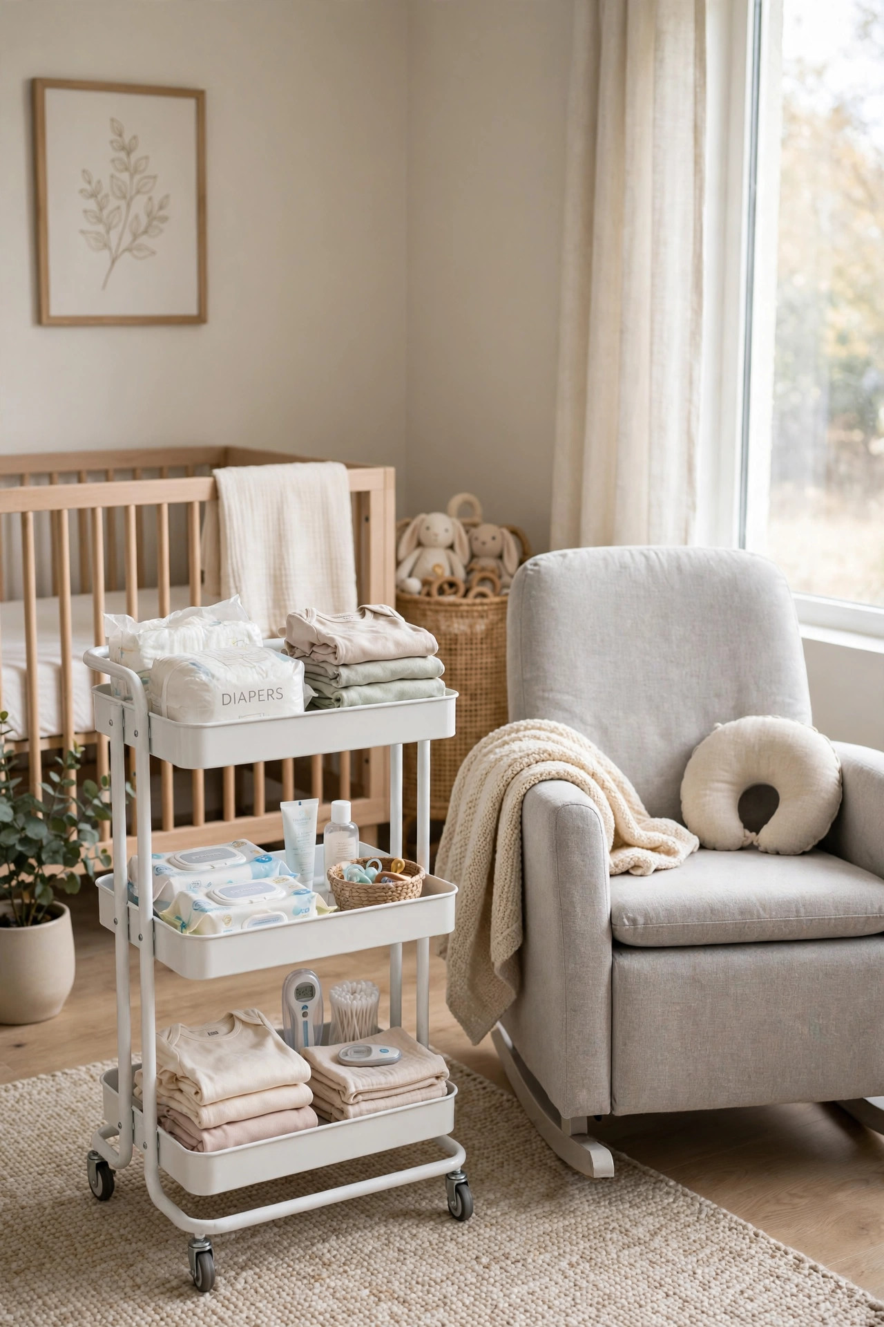 White three tier rolling cart stocked with diaper supplies beside a glider