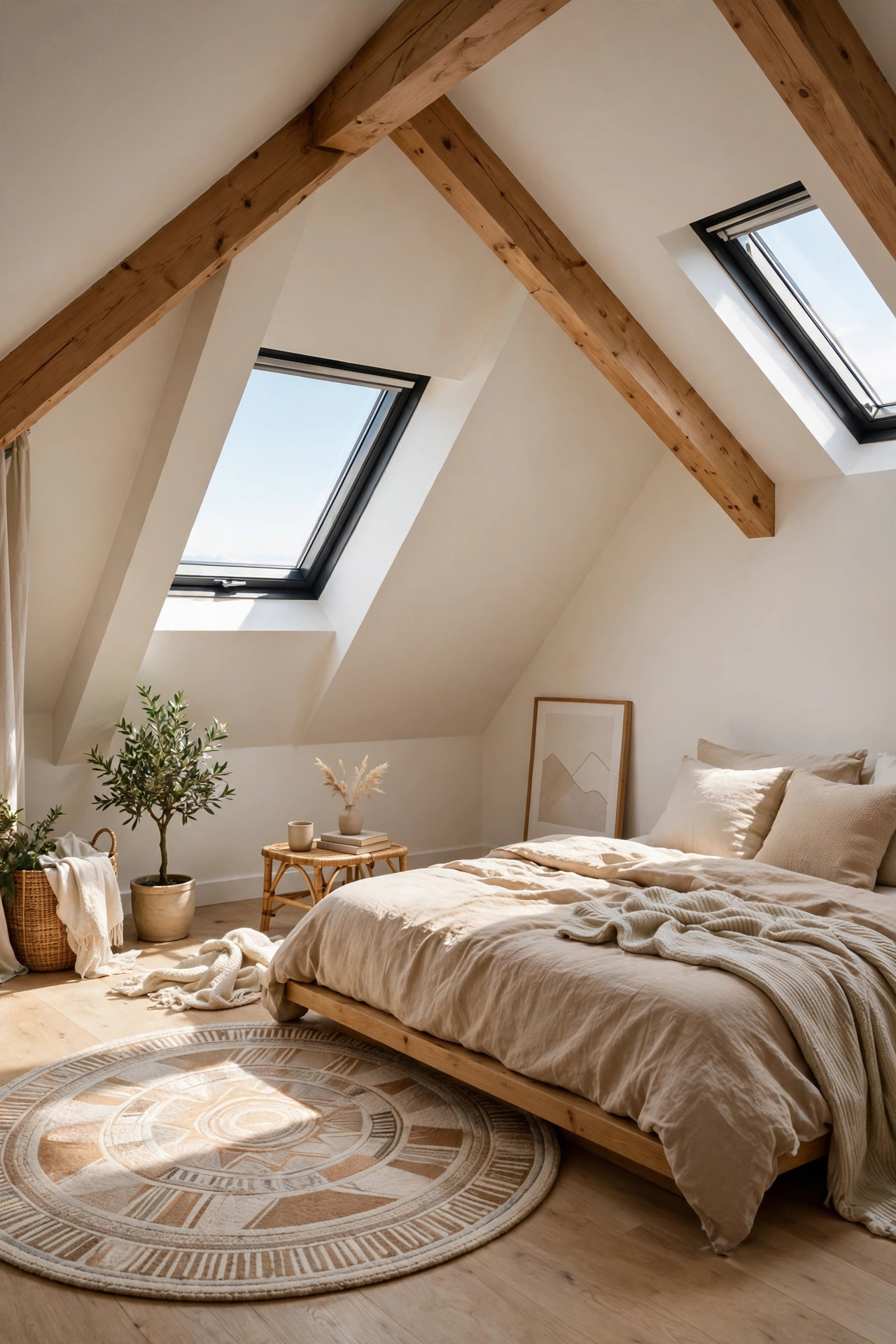 Round patterned rug on an attic bedroom floor softening the sharp angles.