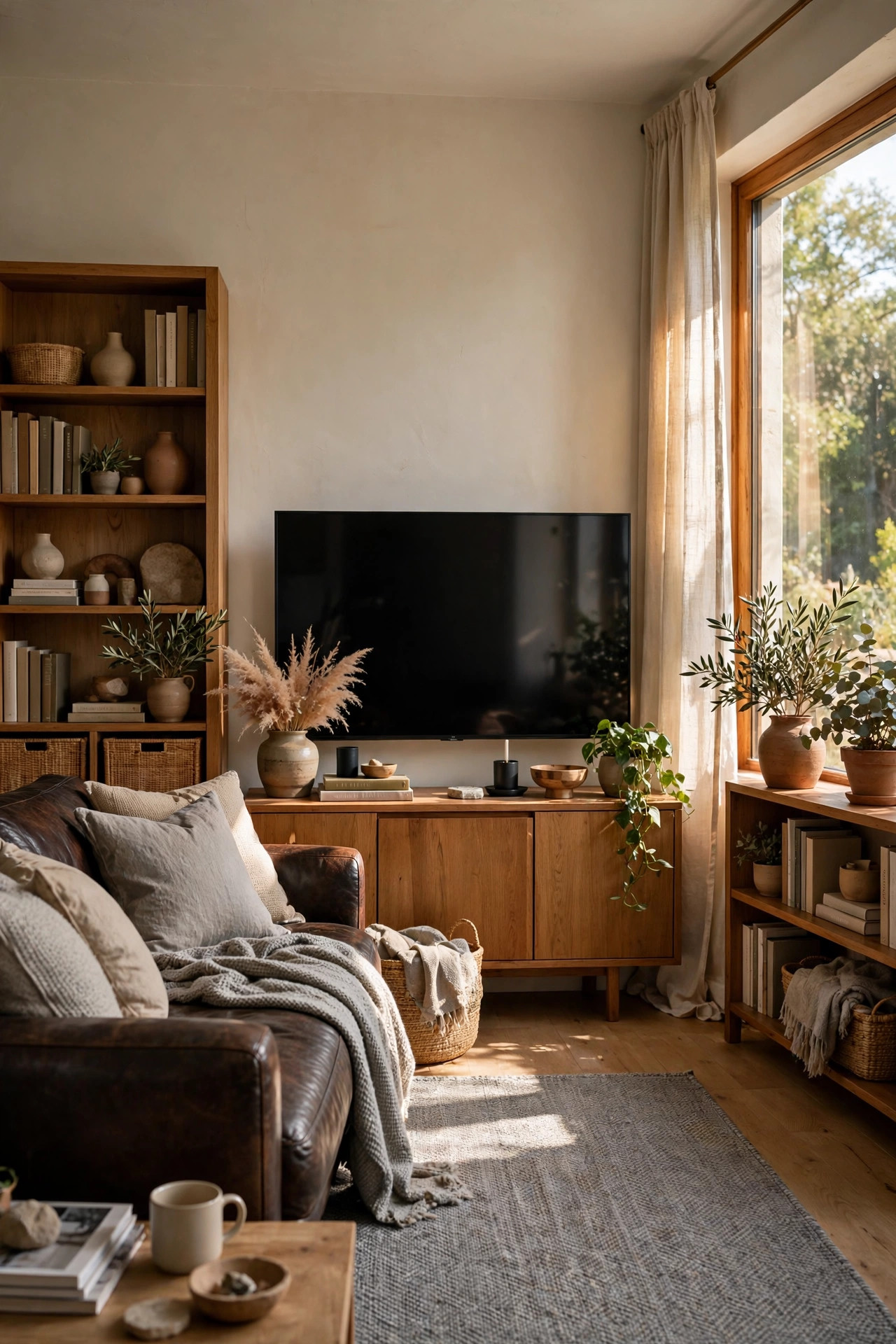 15 Warm White Paint Colors That Work in Every Room 15 Den with warm greige white walls, dark leather sofa, wooden bookshelves, and a side window