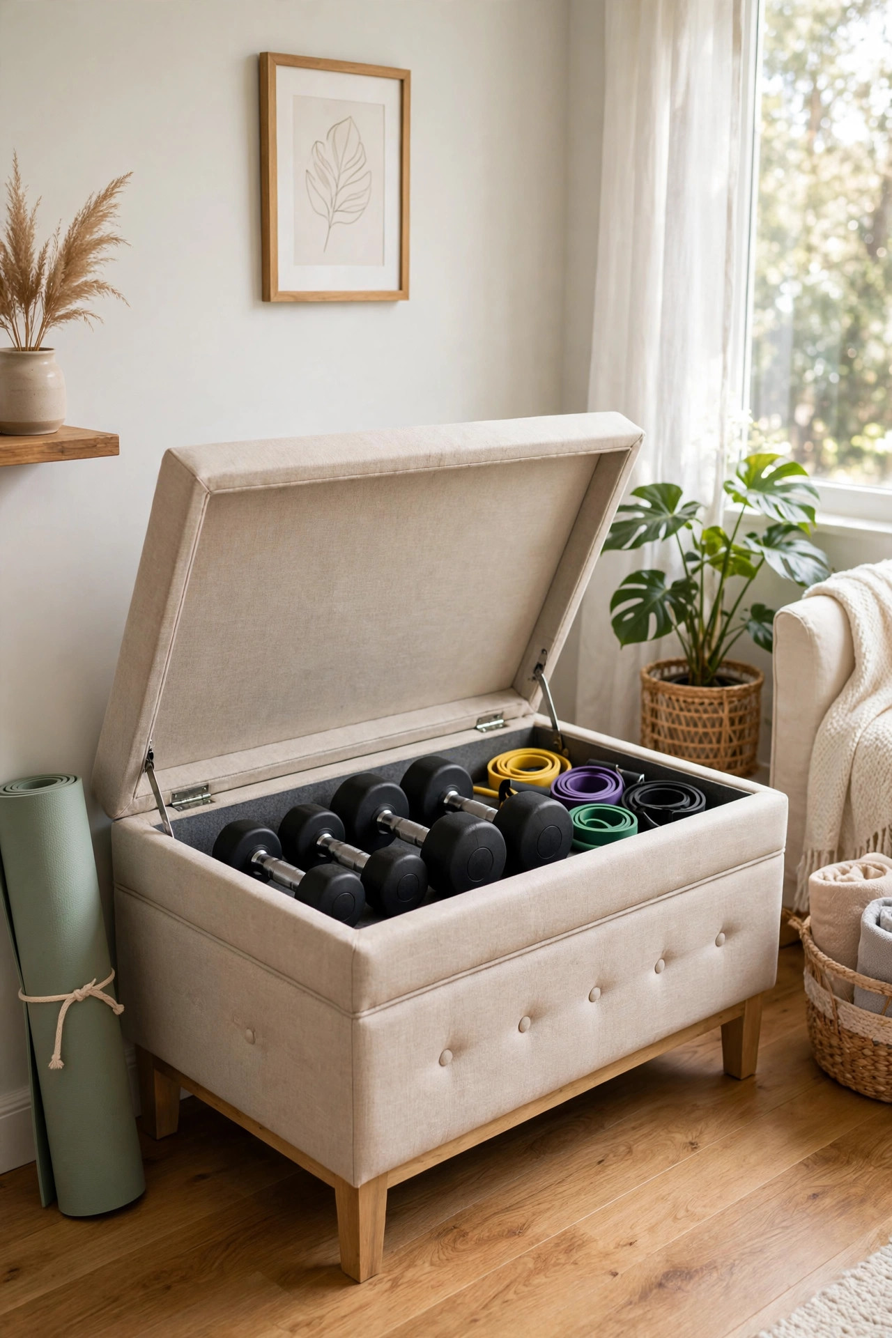 17 Small Home Gym Ideas That Fit in Any Corner 15 Upholstered storage bench with lid open showing dumbbells inside