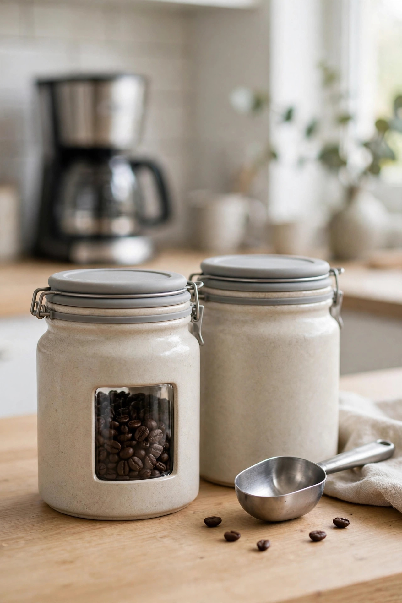 Two ceramic airtight canisters with a coffee scoop on a coffee bar counter.