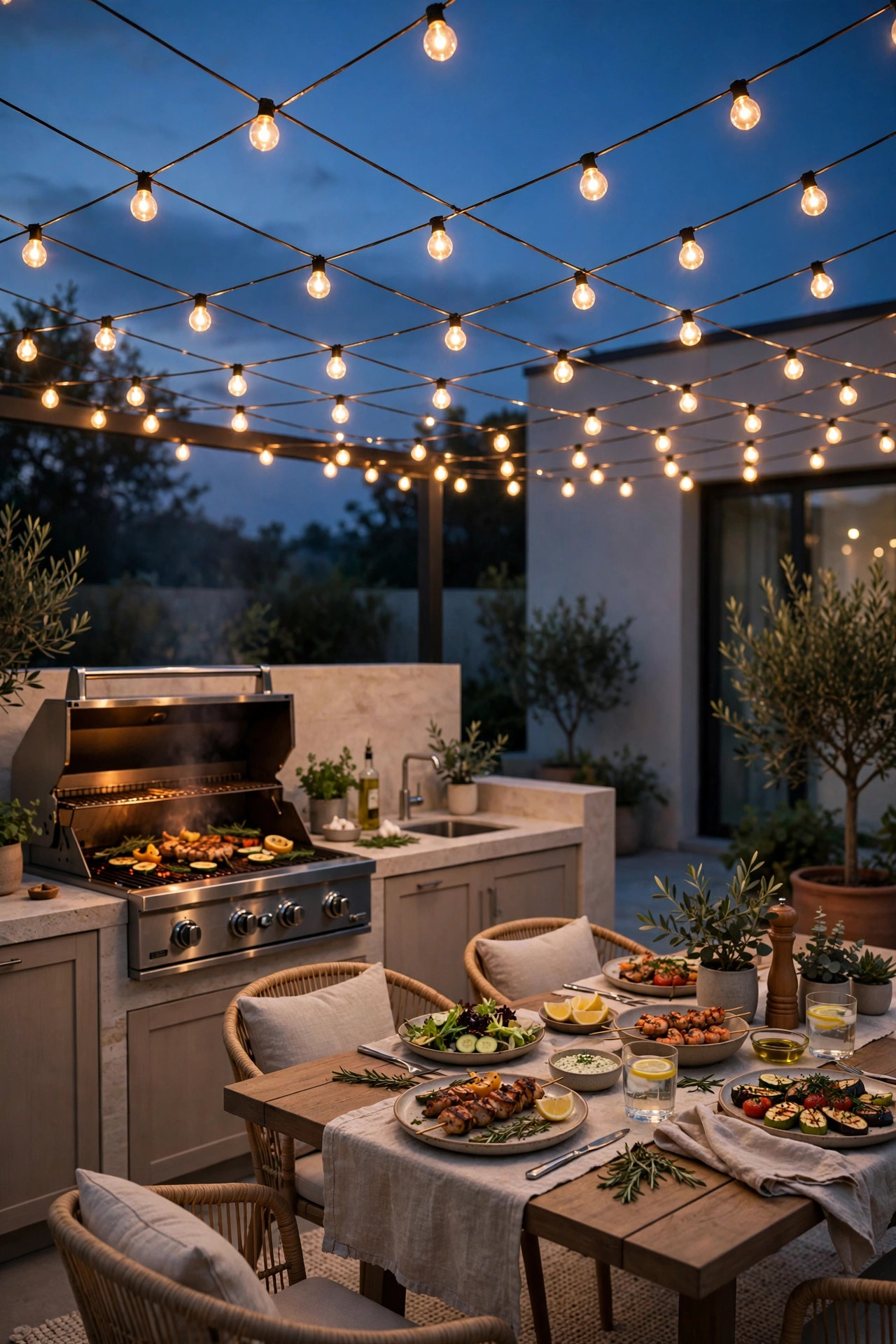 String lights crisscrossed above an outdoor kitchen glowing at dusk