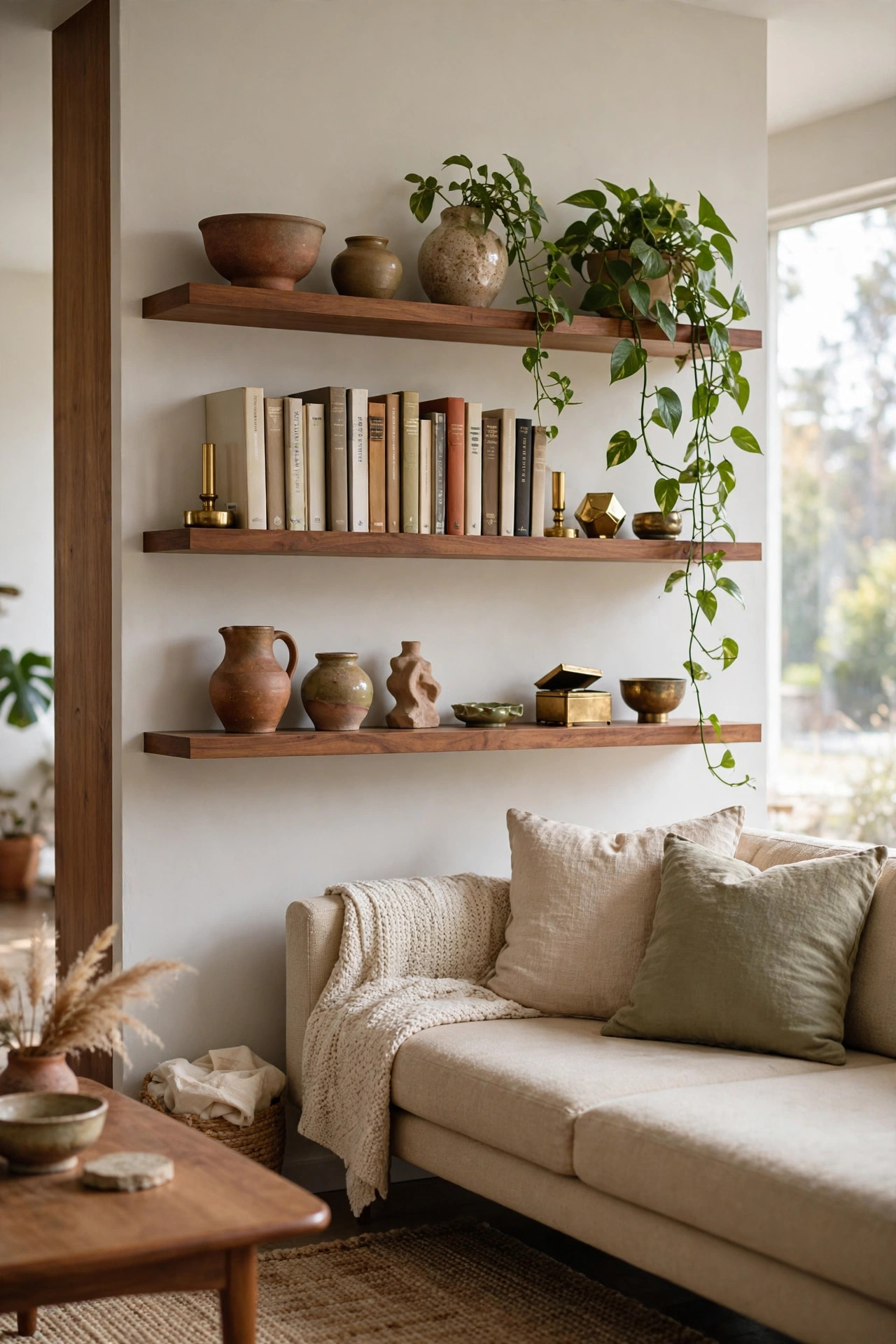 17 Mid-Century Modern Living Room Ideas That Still Feel Fresh 15 Open walnut wall shelves styled with earthy ceramics books and a trailing plant