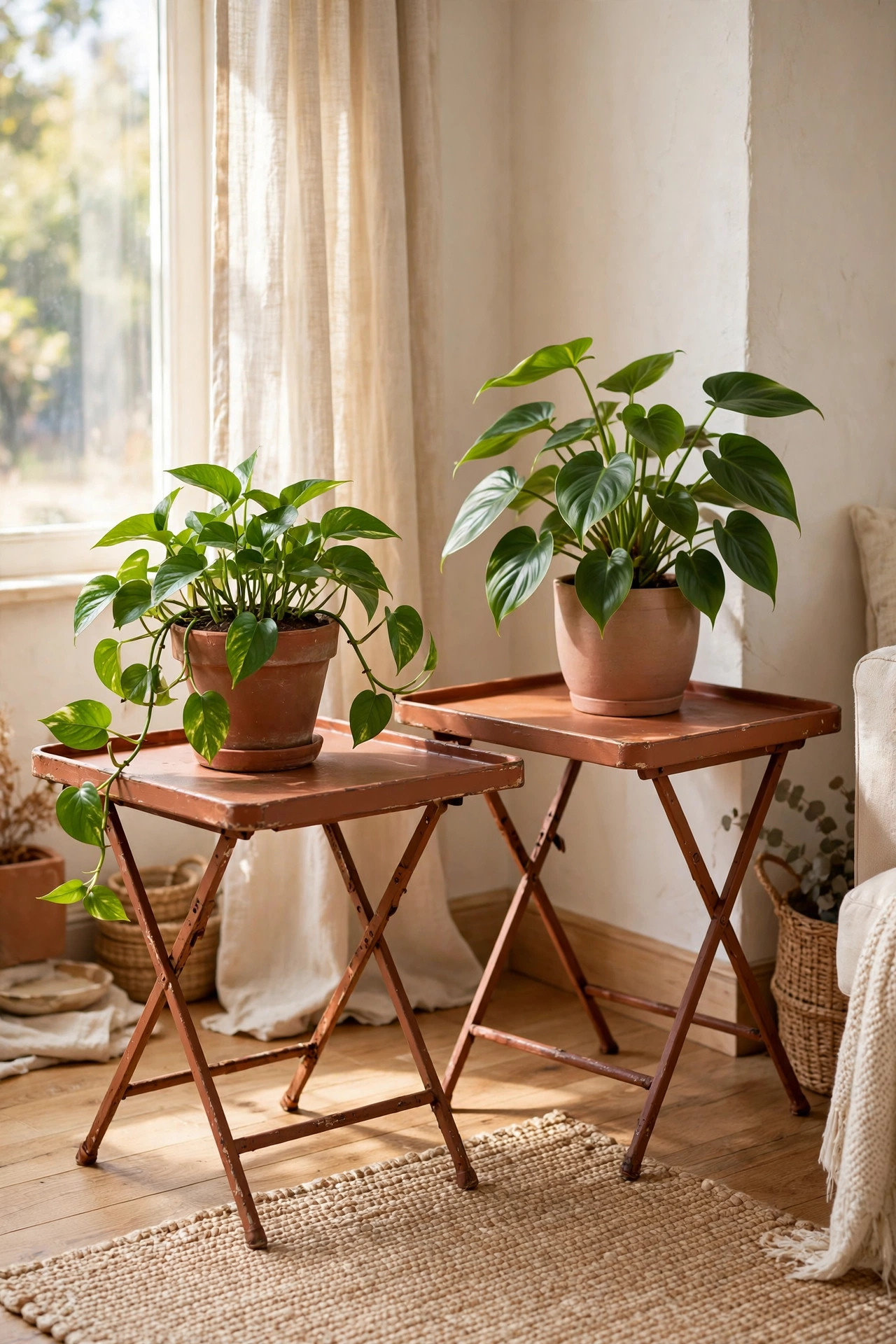 15 Thrift Store Furniture Flips Worth Trying 15 Two terracotta painted TV tray tables holding leafy green plants in a sunny corner