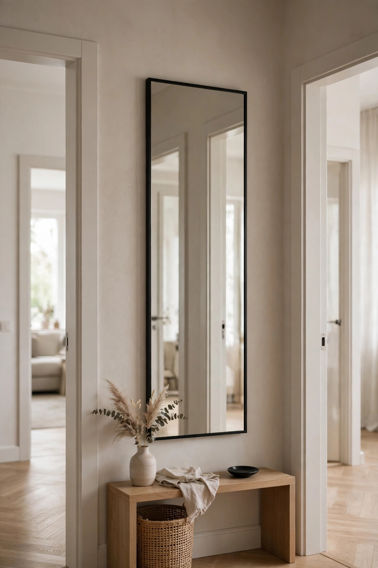 Tall narrow mirror on a slim wall strip between two doorways