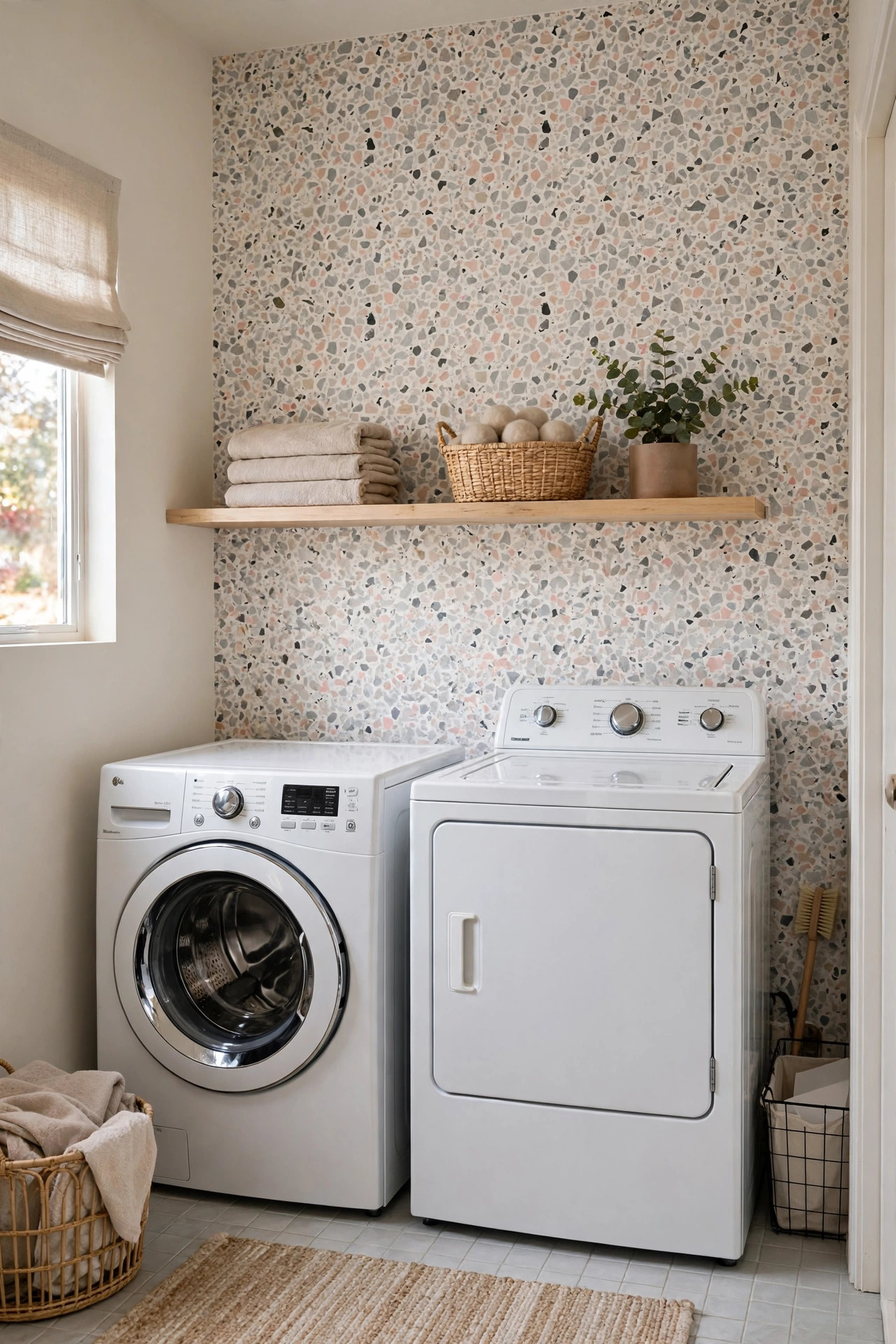 Laundry room with terrazzo speckled peel and stick wallpaper behind washer and dryer.