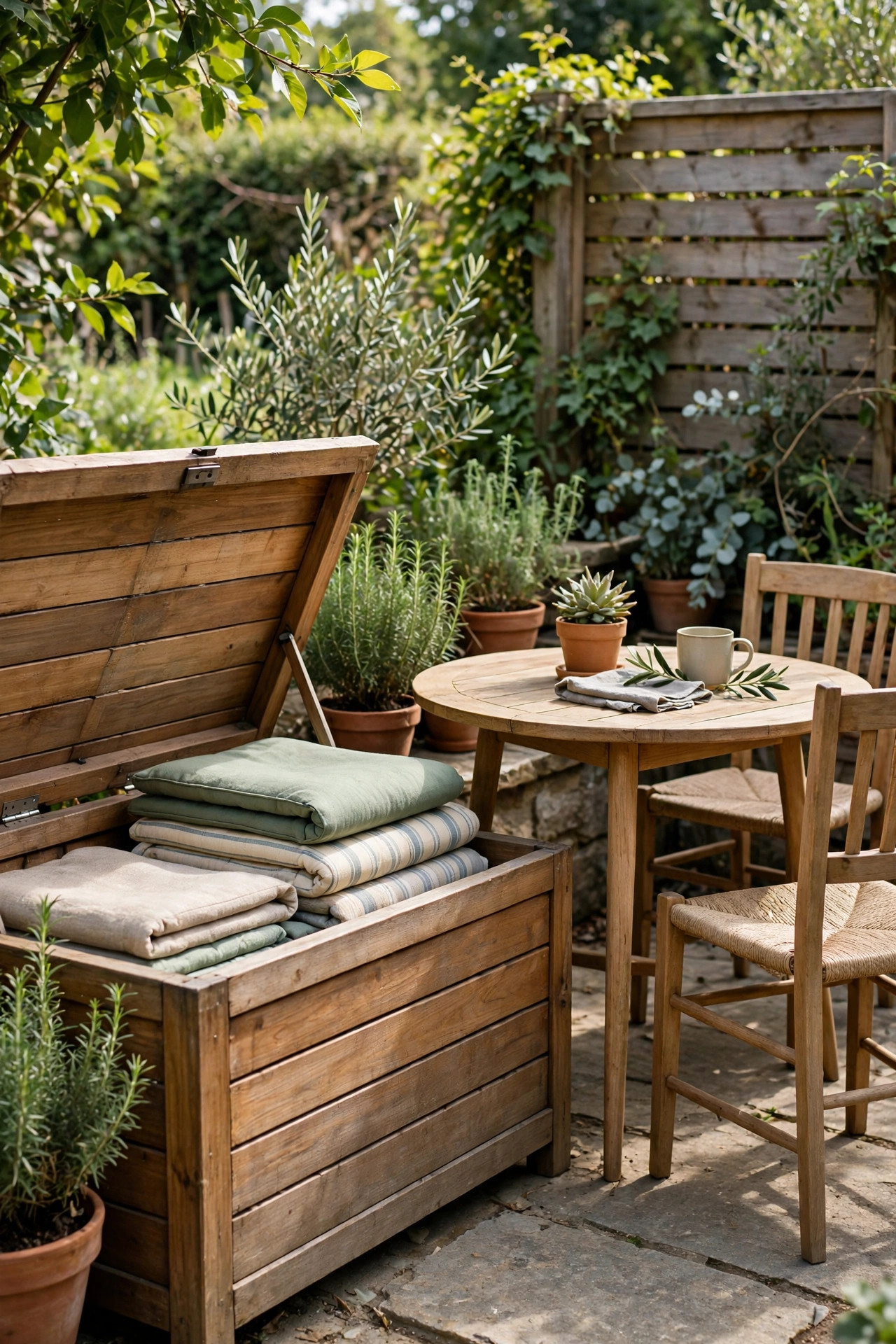 17 Outdoor Dining Ideas for Small Patios 15 Wooden storage bench with its lid open showing folded outdoor cushions, beside a small dining table and chairs on a patio