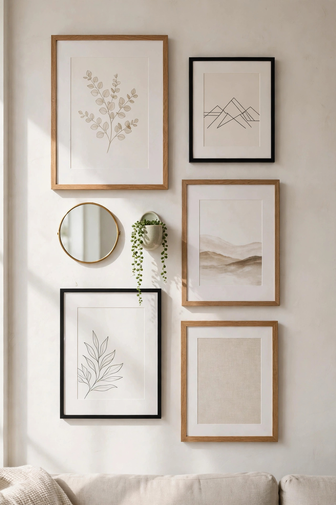 15 Gallery Wall Ideas That Look Curated, Not Cluttered 15 A small round mirror and a tiny wall planter sit tucked between framed prints on a living room wall.