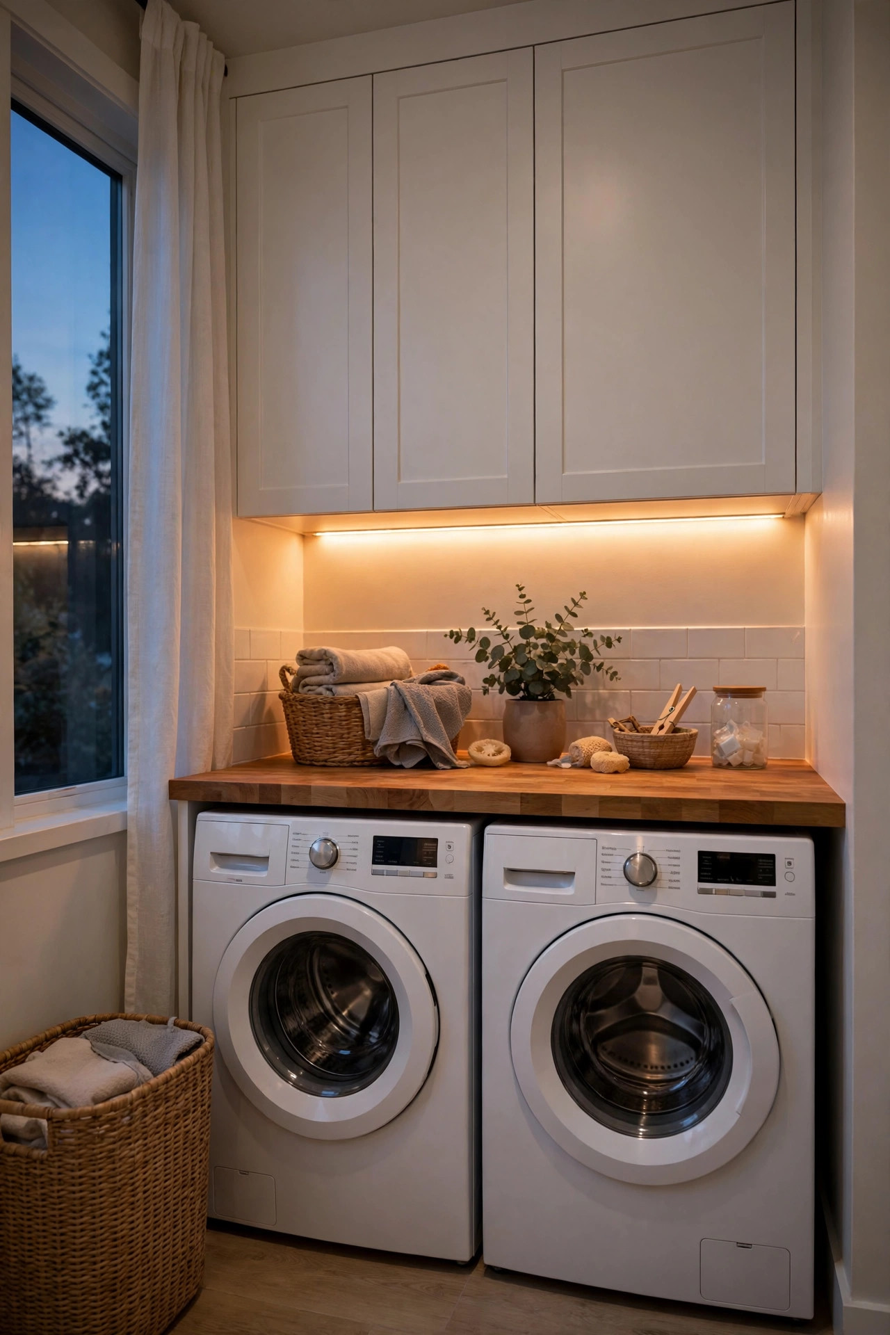 Warm LED strip lighting glowing under white cabinets over a laundry folding counter.