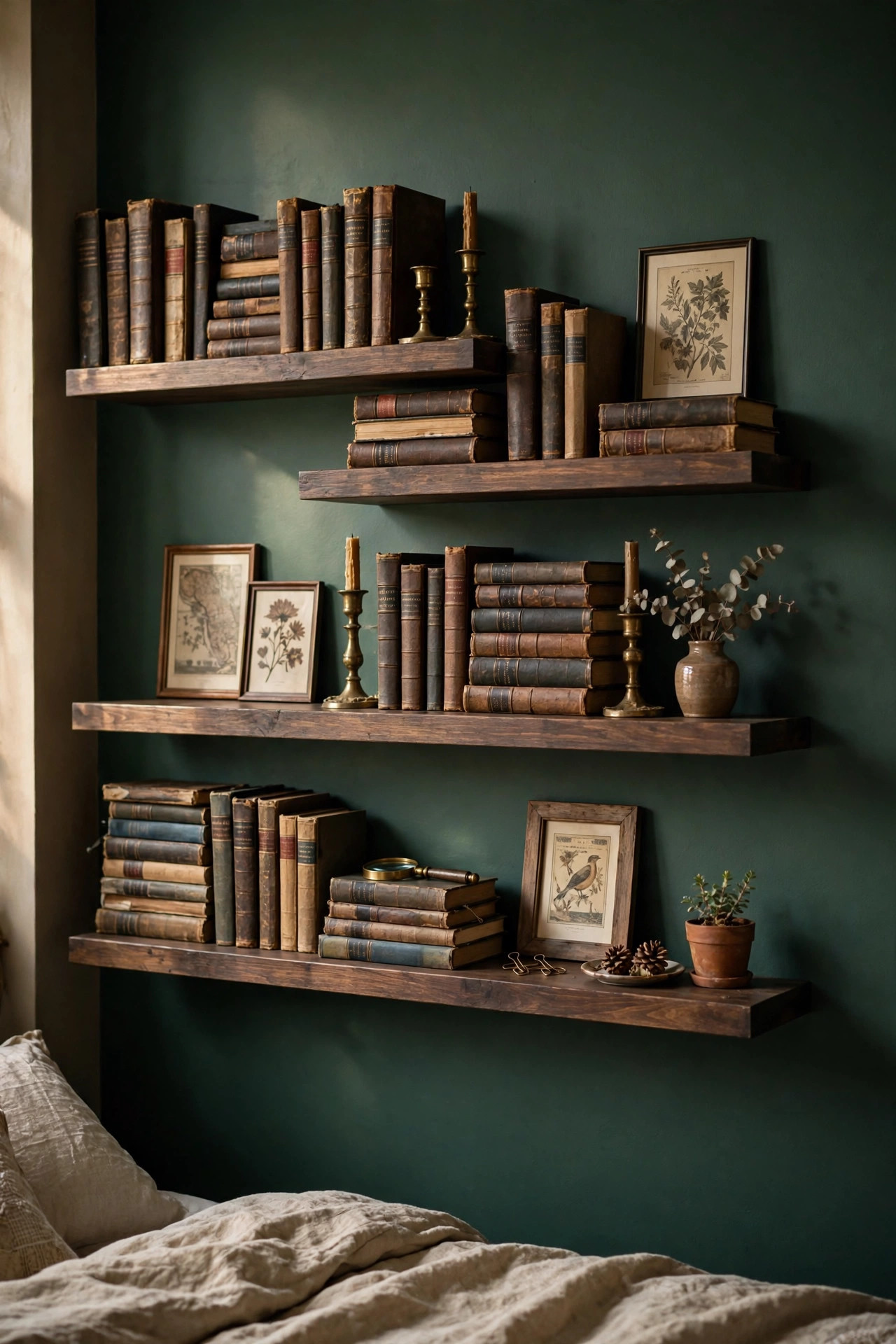 21 Dark Academia Room Decor Ideas That Feel Like an Old Library 15 Staggered dark wood floating shelves filled with old books on a green wall