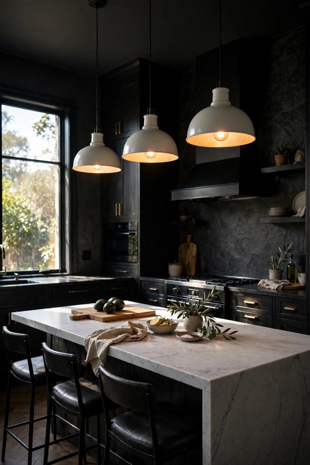 White dome pendant lights brightening a kitchen with dark charcoal cabinets.