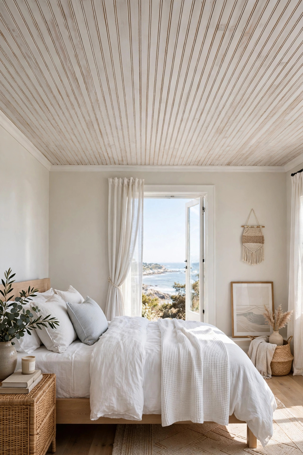18 Coastal Bedroom Ideas Without the Cliches 15 Bedroom ceiling with whitewashed beadboard panels