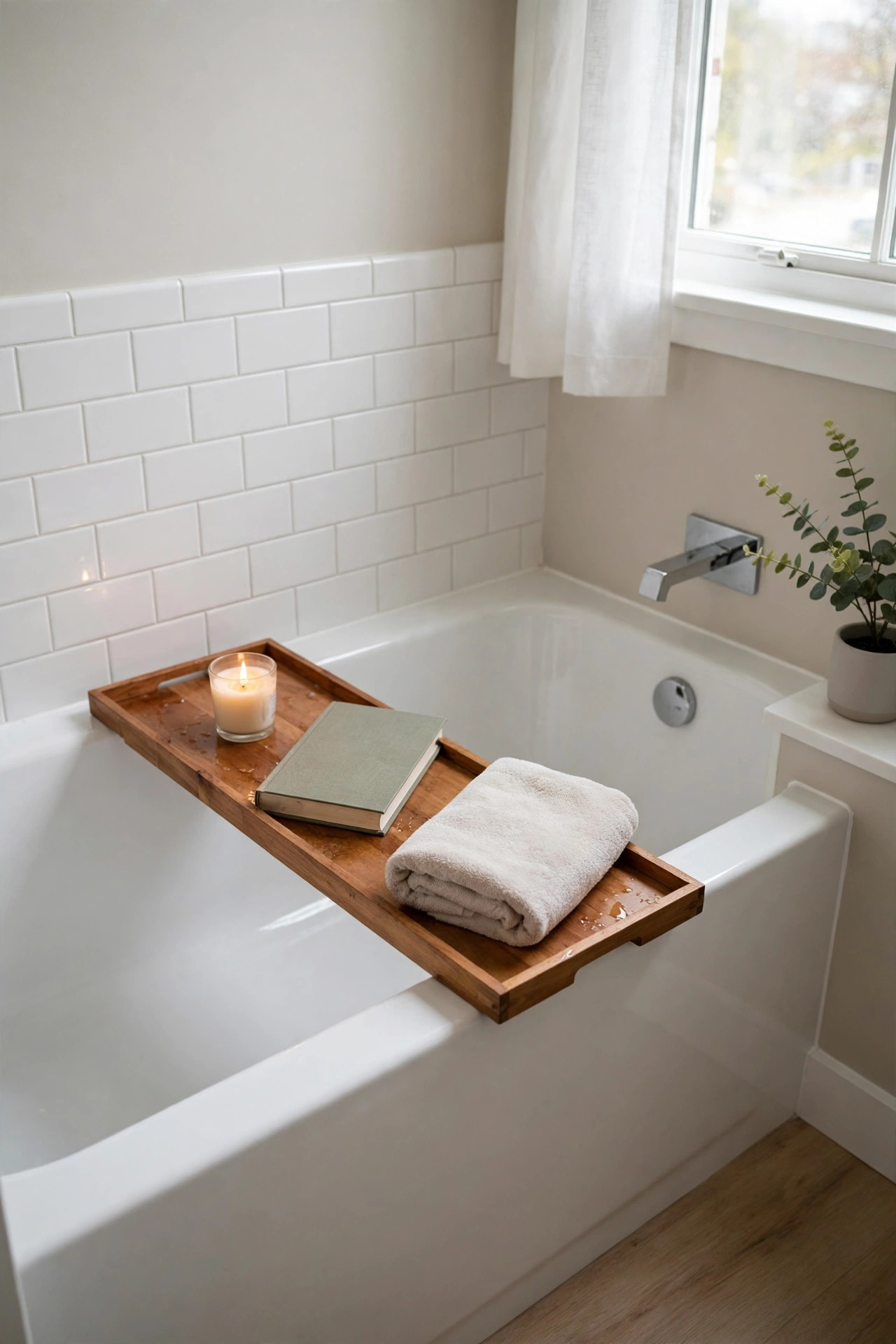 19 Rental Bathroom Ideas That Make It Feel Like Your Own 15 A wooden bath tray resting across a white bathtub holding a lit candle, a book, and a folded towel.