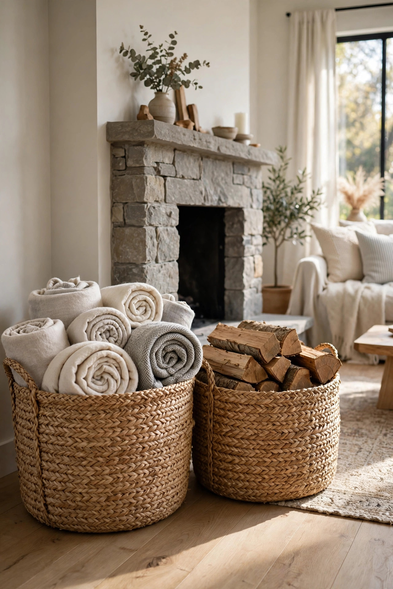 Cozy Winter Home Decor Ideas for After the Holidays 15 Two large woven seagrass baskets beside a fireplace, one holding rolled blankets and one holding firewood