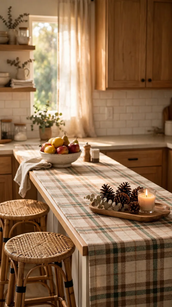 A plaid runner down a kitchen island with a wooden tray of pinecones and a lit candle at one end, and a bowl of fruit at the other.